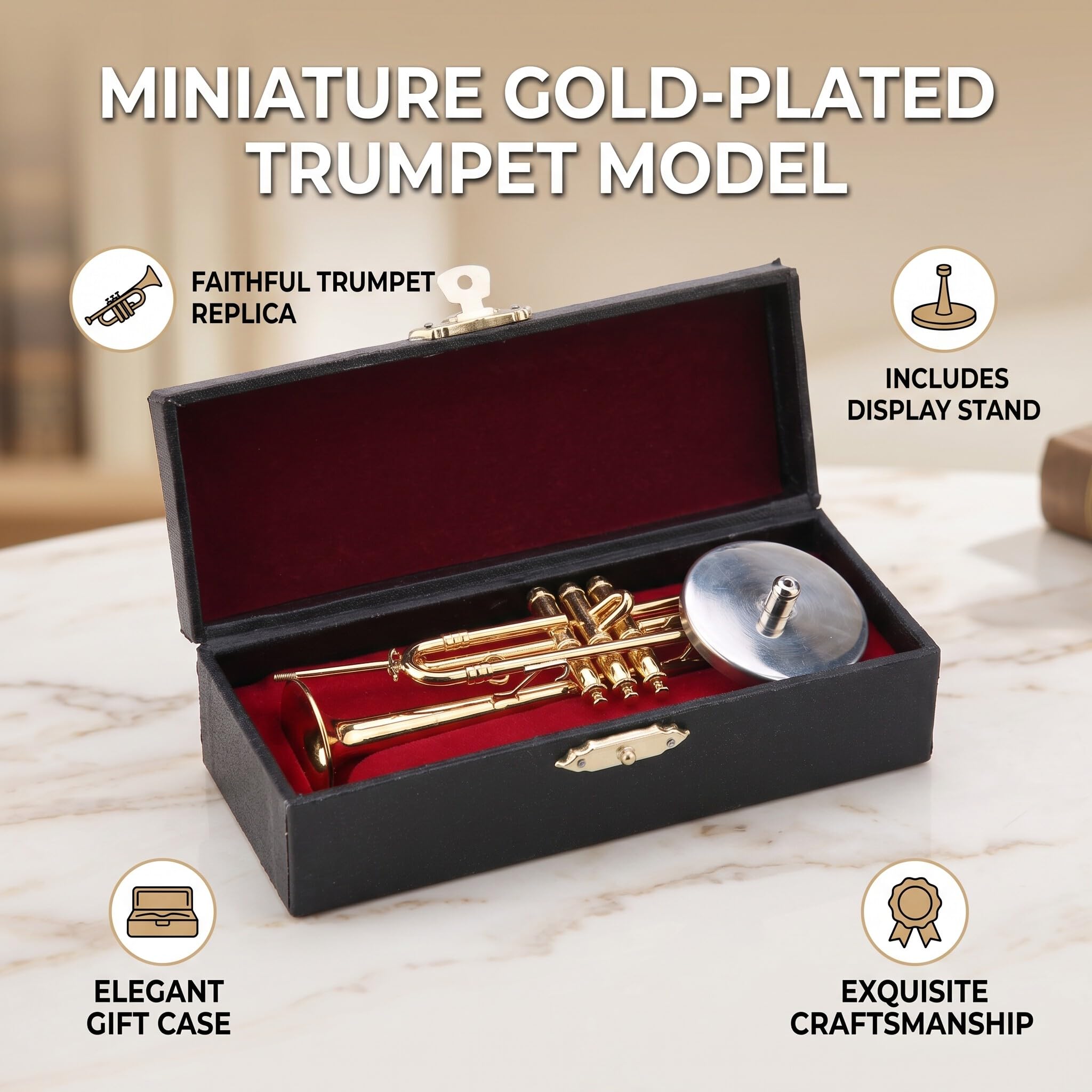 Trompeta Miniatura Réplica Mini Trompeta Caja Regalo Instrumento Musical Mini Modelo Instrumento Chapado Oro Adornos Musicales