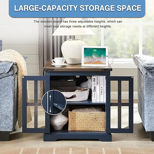Miniatura 10 de Mesa auxiliar de granja con estación de carga, mesa auxiliar grande de sofá de 24 pulgadas con puerta de granero de cristal, mesita de noche de