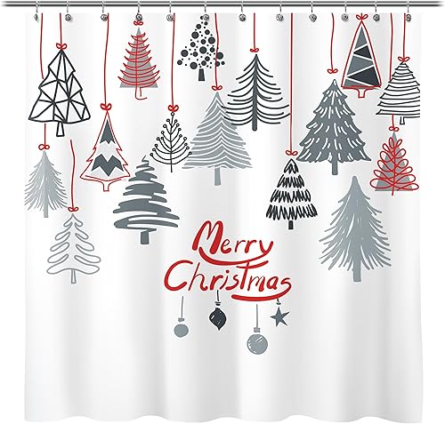 Cortina de ducha abstracta de árboles de Navidad con líneas rojas para colgar en pinos, cortina de ducha para decoración de baño, 71 x 71 pulgadas