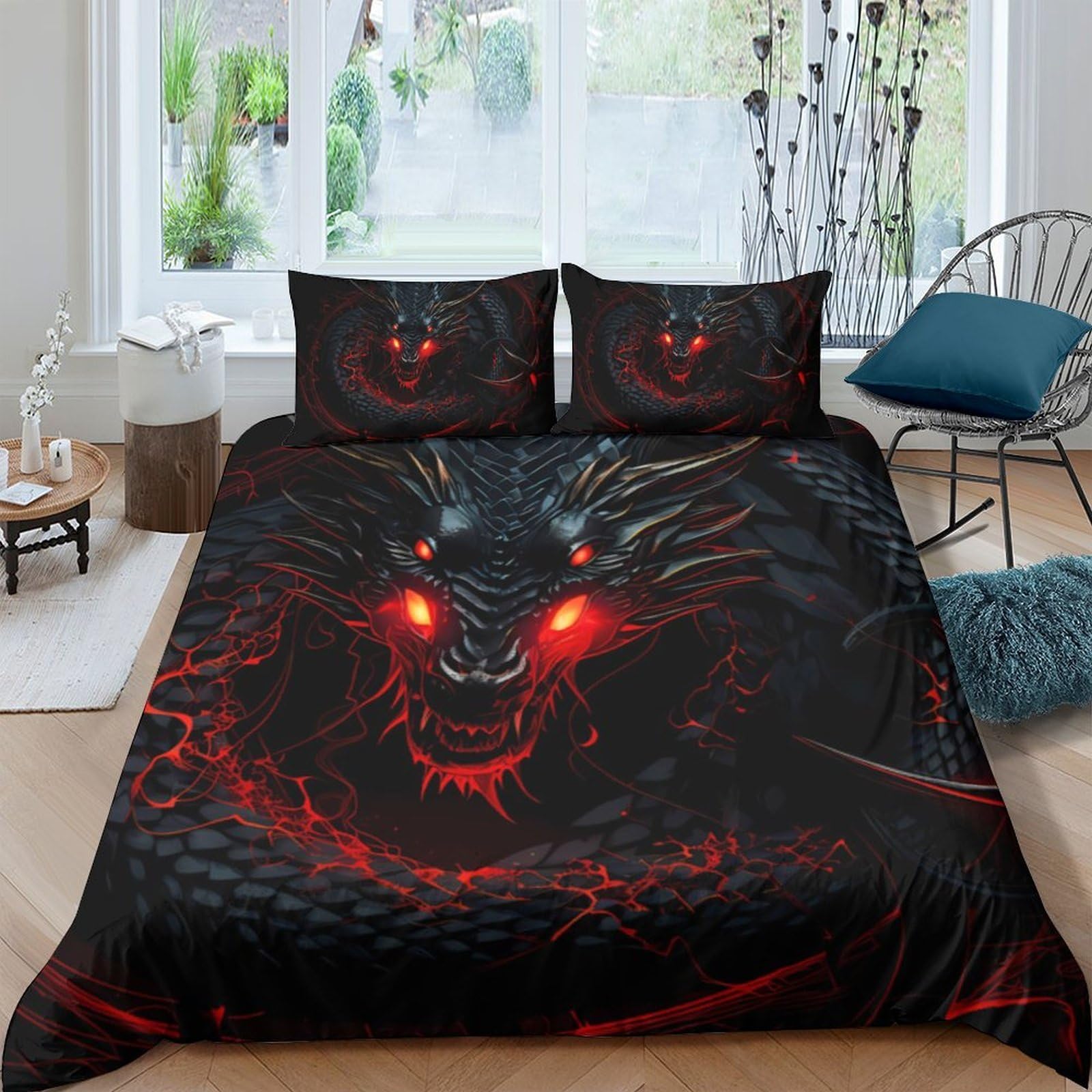 Ctjqhvkz Style-10 3D Printed Black Dragon Fitted Sheet Microfiber Soft Red Eyes Mattress Cover For Bedroom Dorm Easy Care Decor Single（135X200cm）