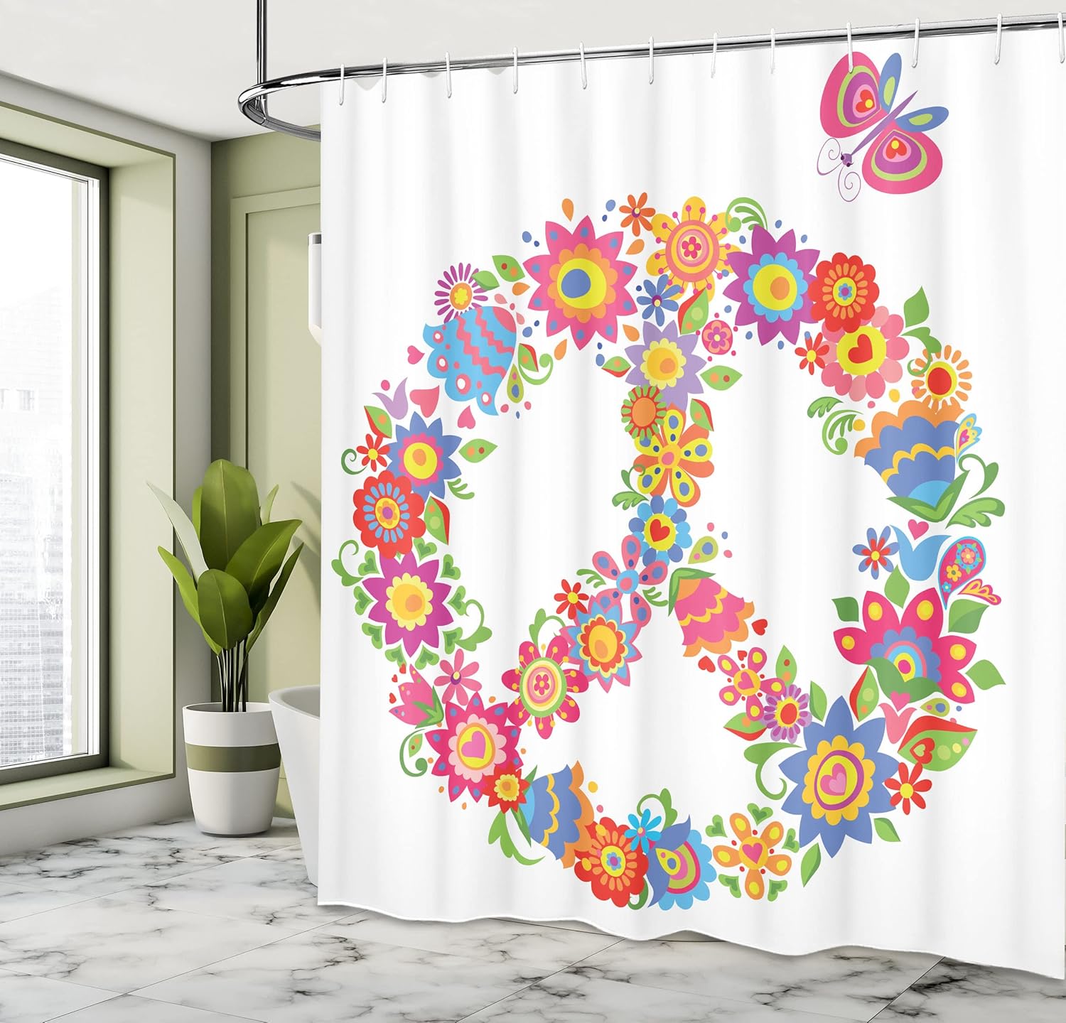 Ambesonne Groovy Shower Curtain, Peace Flower Colorful Illustration About Equality Peaceful World Dreamlike, Cloth Fabric Bathroom Decor Set with Hooks, 69" W x 84" L,Pink