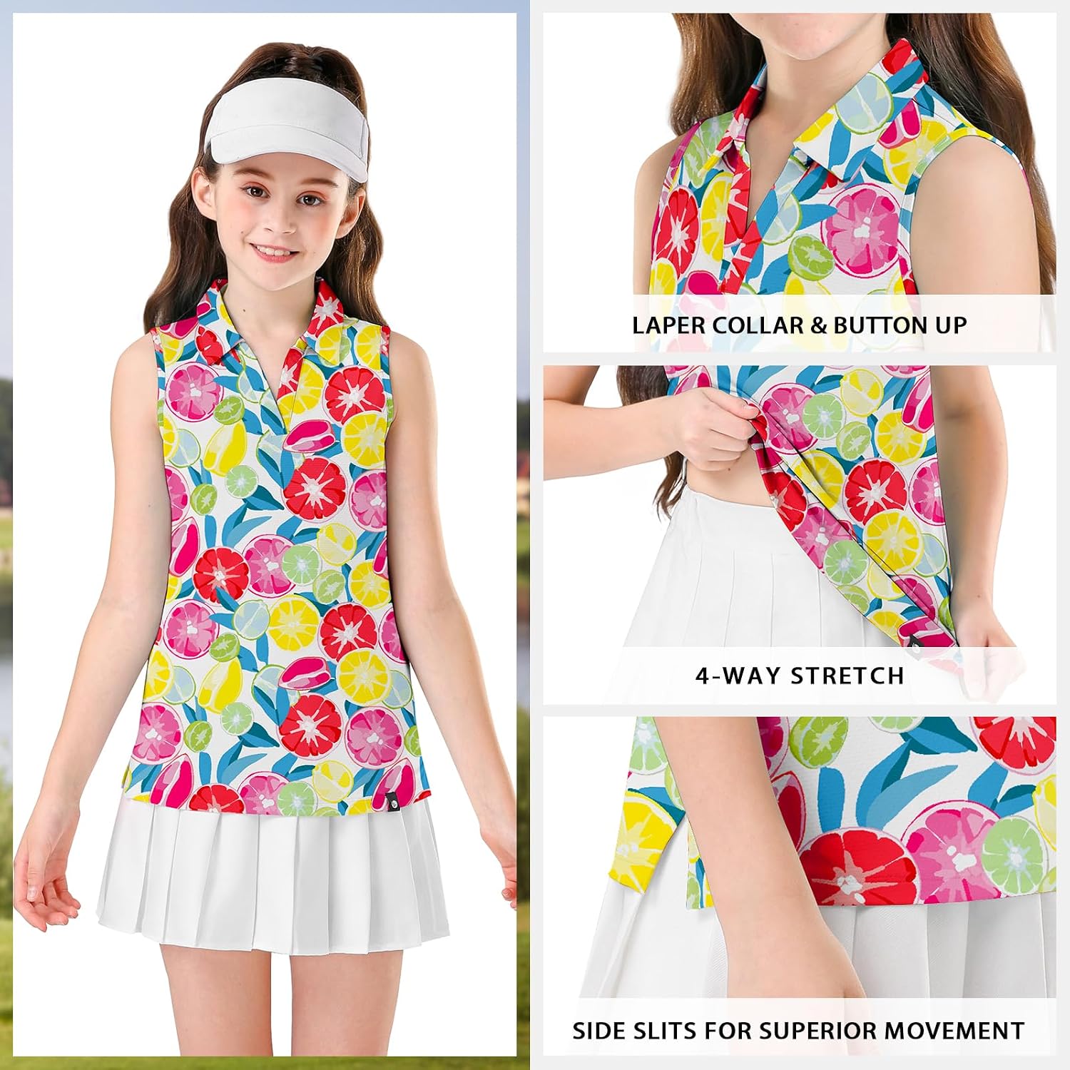 Soneven Girls Sleeveless Polo Shirts Button UP Golf Tennis T-Shirts with Collared Quick Dry Tank Tops for 4-14 Years