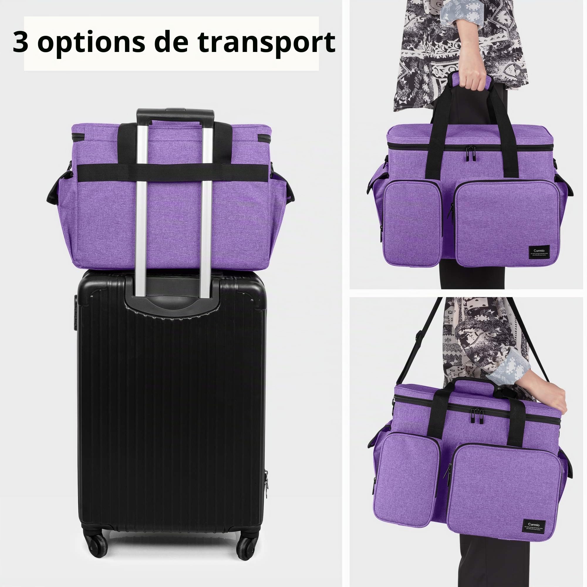 CURMIO Grand Sac Universel pour Machine à Coudre, Sac Fourre-tout antidérapant de transport compatible avec la plupart des machines à coudre et accessoires standard sur le marché, Violet (Sac Vide) | Multi-Poches, Pieds Antidérapants Caoutchouc, Bandouliè