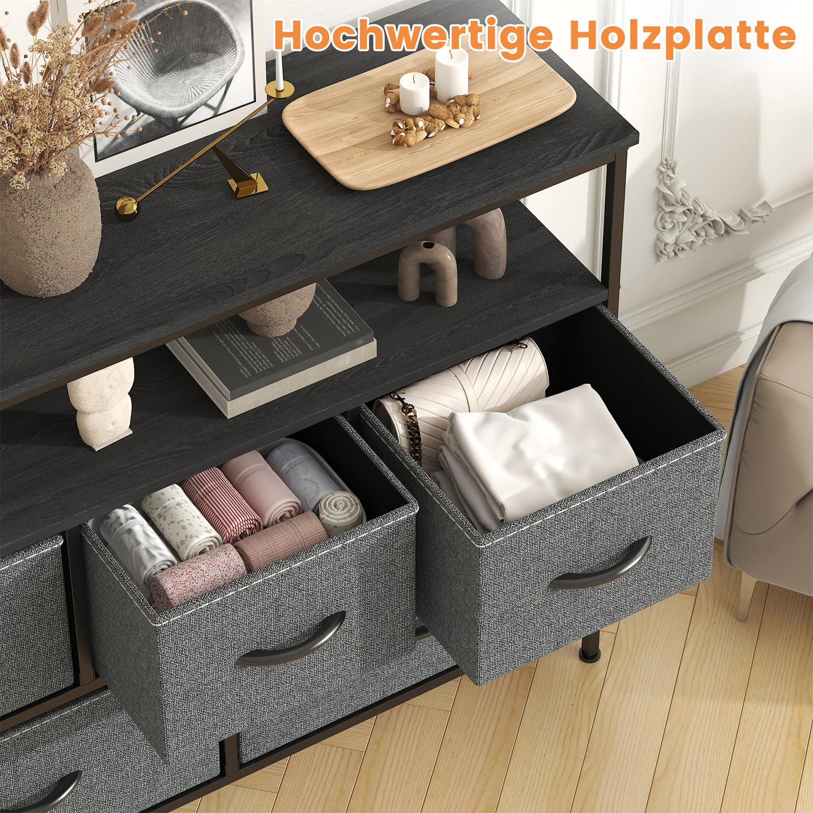 Kommode mit TV-Aufsatz, 5 Stoffschubladen – Stoff Kommode Schlafzimmer, stabilem Stahlrahmen & MDF-Platte | Kommode Organizer, Aufbewahrungsmöbel für Schlafzimmer, Wohnzimmer & Flur, Dunkelgrau