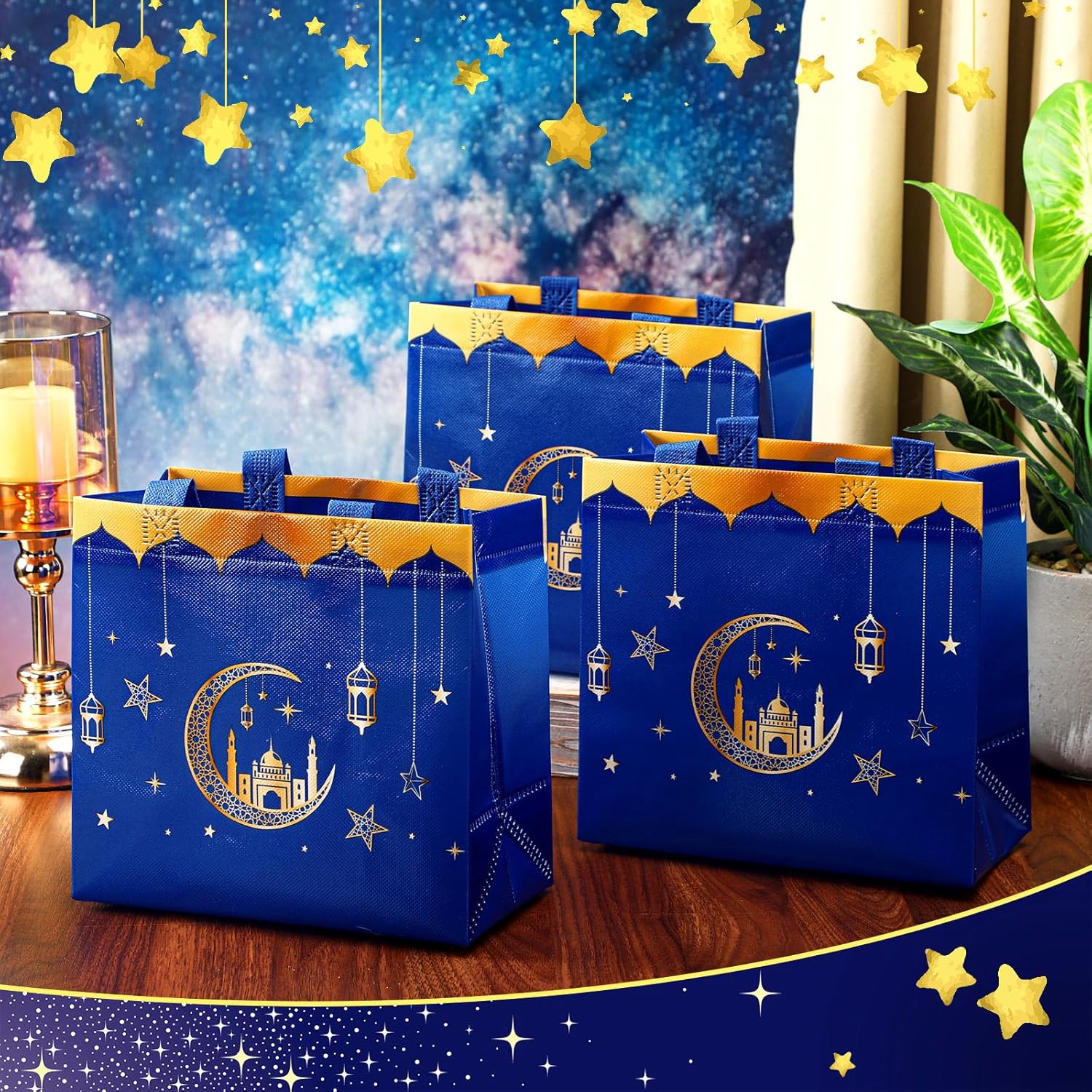 Resurhang 16 Pcs Eid Al Adha Party Reusable Gift Bags with Handles, Muslim Treat Non Woven Ramadan Goodie Bags for Eid Al Adha Muslim Party Supplies(Blue) - Image 3