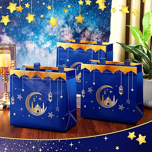 Miniatura 3 de Resurhang 16 bolsas de golosinas Eid Mubarak con asa azul y dorado Moon Castle Star bolsas de regalo reutilizables no tejidas bolsa de Eid Ramadán