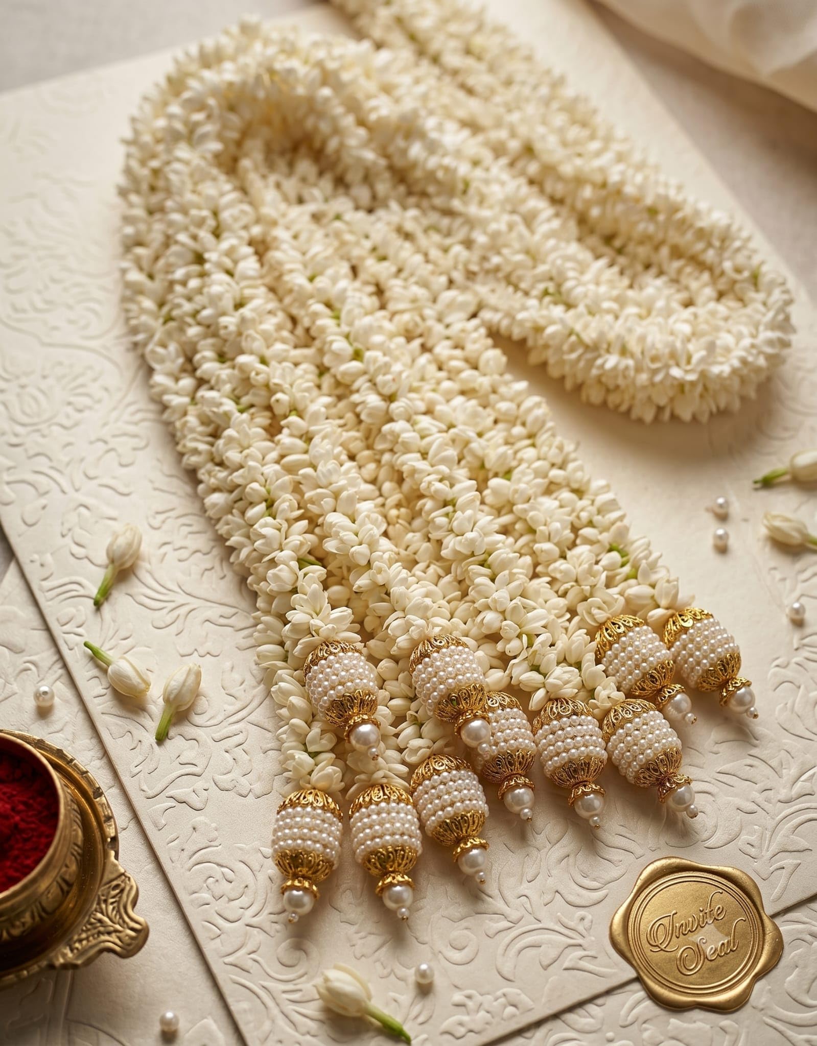 Paquete de 10 guirnaldas de jazmín Blanco Ligeramente perfumadas, Boda India, Fondo de Fiesta, Mehndi, Boda, mandap, Boda del Sur de la India