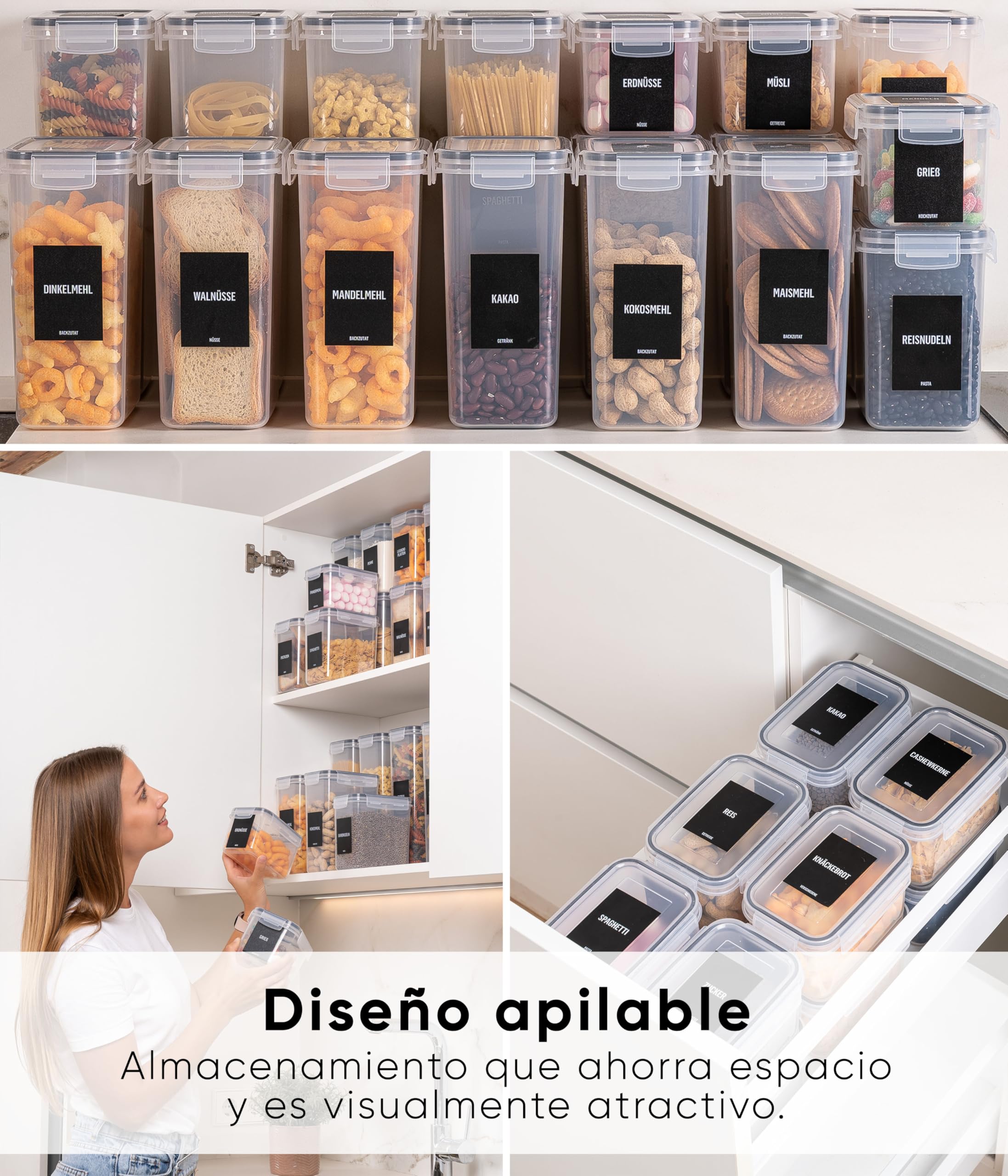 Deco haus Botes Cocina Almacenaje de Plástico - Cajas de Almacenamiento de Alimentos Reutilizables con Tapa Hermética - Recipientes para alimentos Set de 24 -Tarros sin BPA - 0,8L 1,4L 2L 2,8L