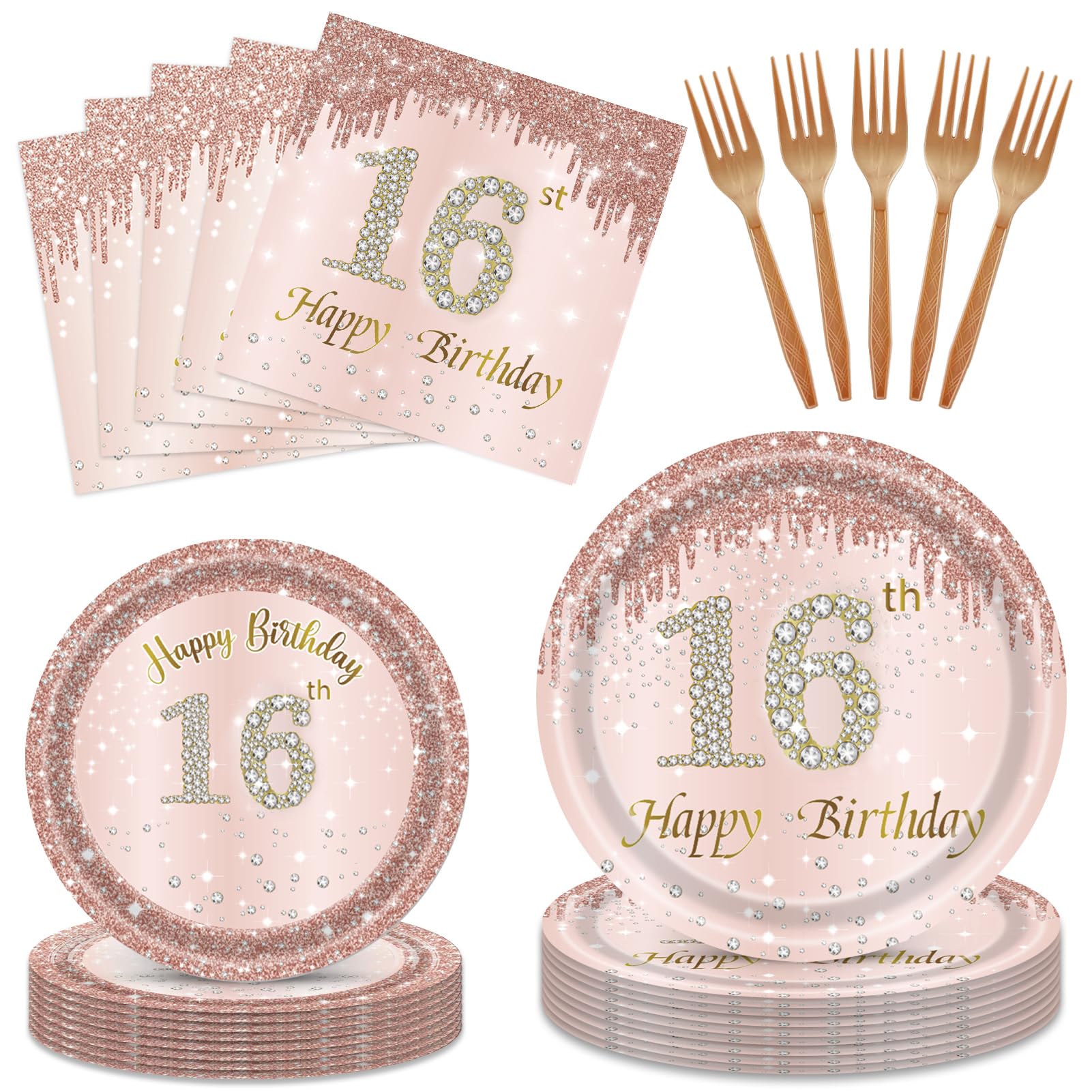 96 PCS Sweet 16 Party Decorations Rose Gold 16th Birthday Decorations for Girls16th Birthday Party Plates and Napkins Sweet Sixteen Birthday Party