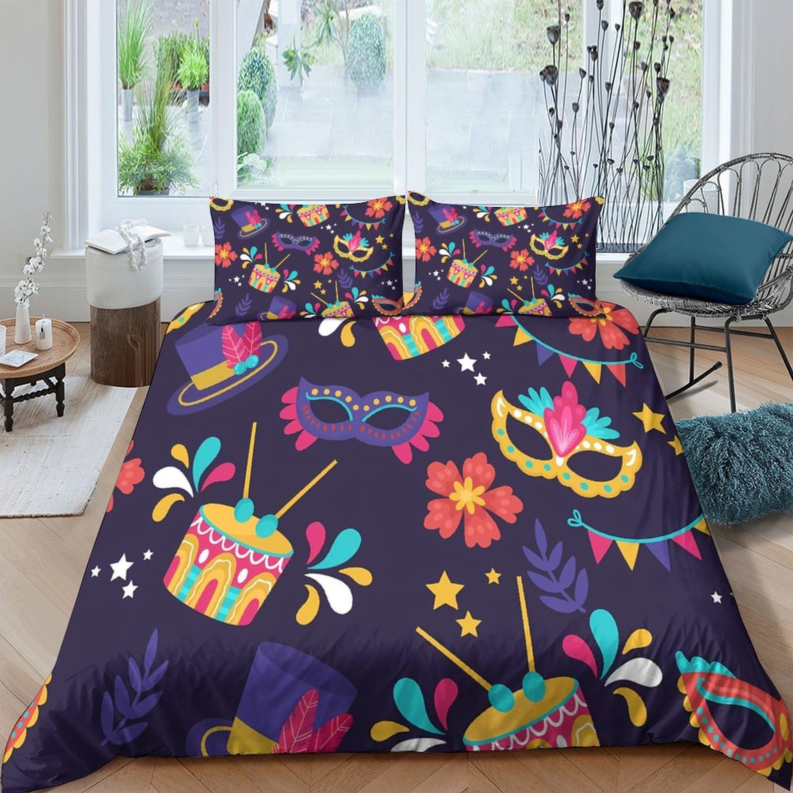 Ctjqhvkz Style-8 3D Printed Carnival Mask Fitted Sheet Microfiber Vibrant Festival Drum Bed Cover For Bedroom Decor Protection Single（135X200cm）