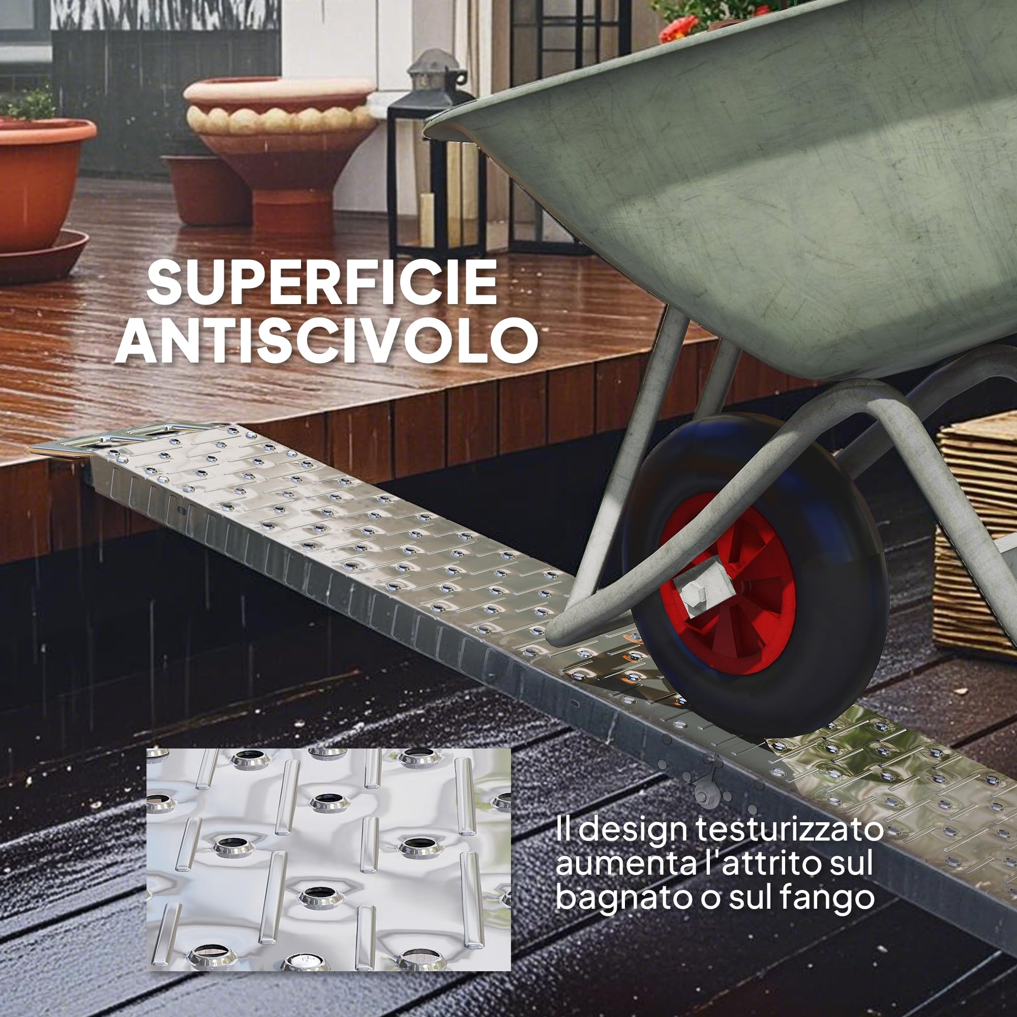 HOMCOM Rampa di Carico Pieghevole in Acciaio con Carico Massimo 230 kg, Rampa per Moto Antiscivolo Salvaspazio per Ruote Larghe 22 cm, per Motociclette e Bici, 190x22x8 cm, Argento