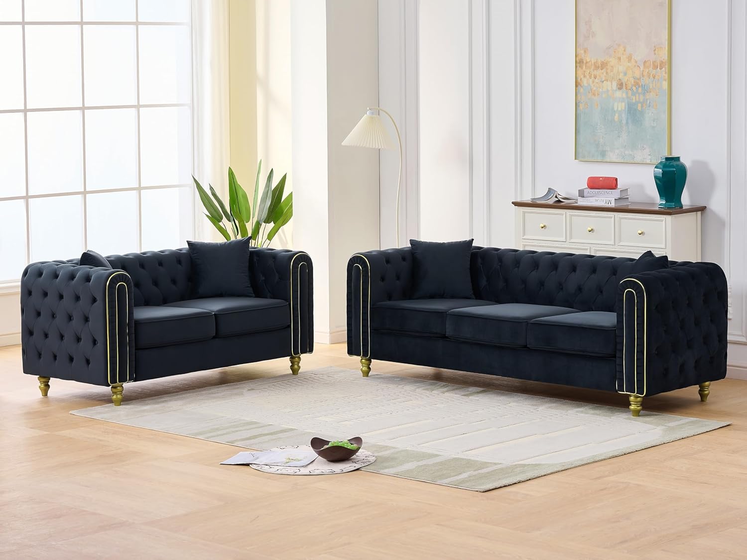 THSUPER 63'' Black Velvet Small Chesterfield Sofa Loveseat, 2 Seater Button Tufted Loveseat with Rolled Arms and Gold Legs, Couches with Pillows for Living Room Furniture. Beige