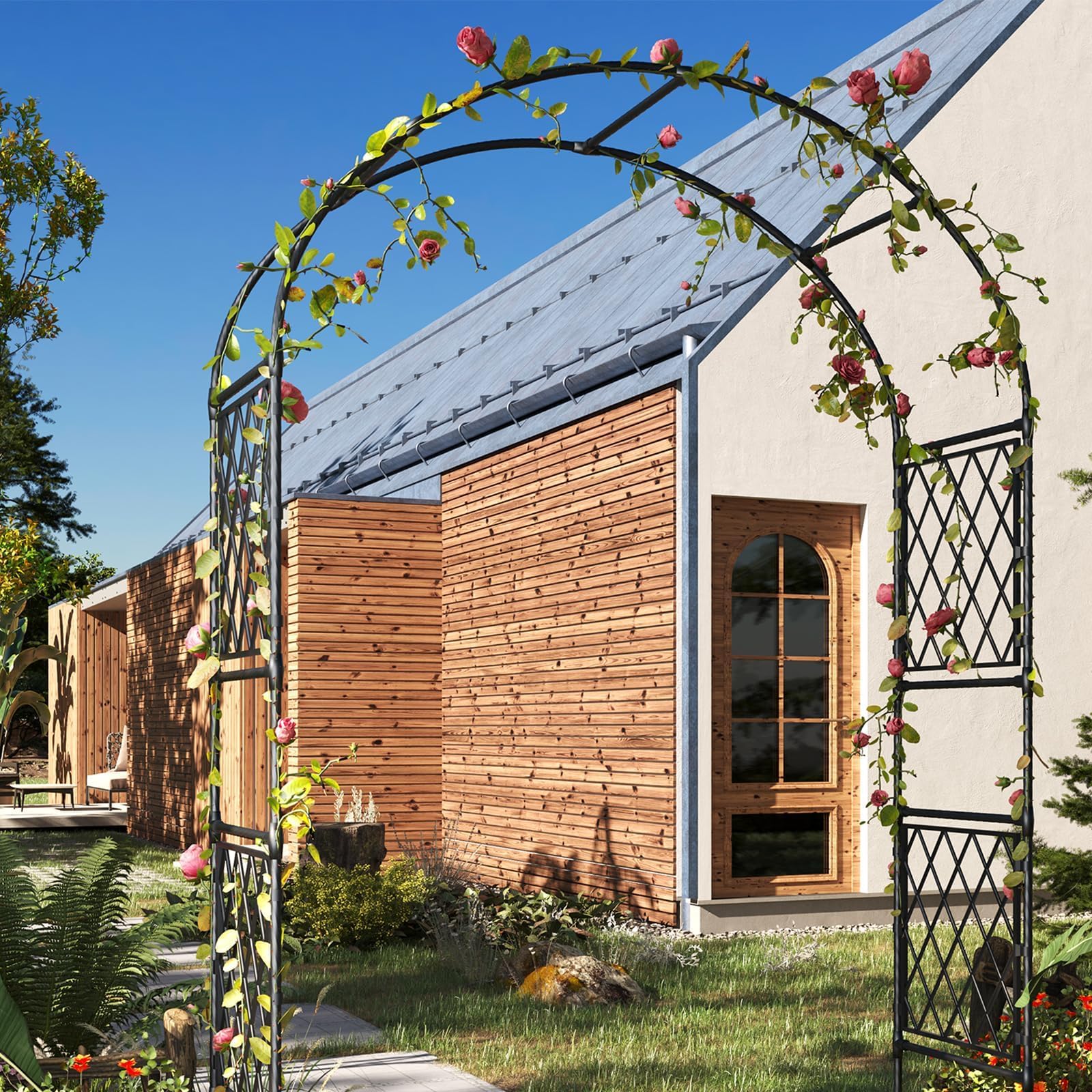 Garvee Pergola Giardino Metallo Arco a Traliccio Piante Rampicanti Decorativo Matrimoni Resistente Alle Intemperie Robusta Struttura Ferro, Nero Esterni Per Patio Vialetto Festa Evento