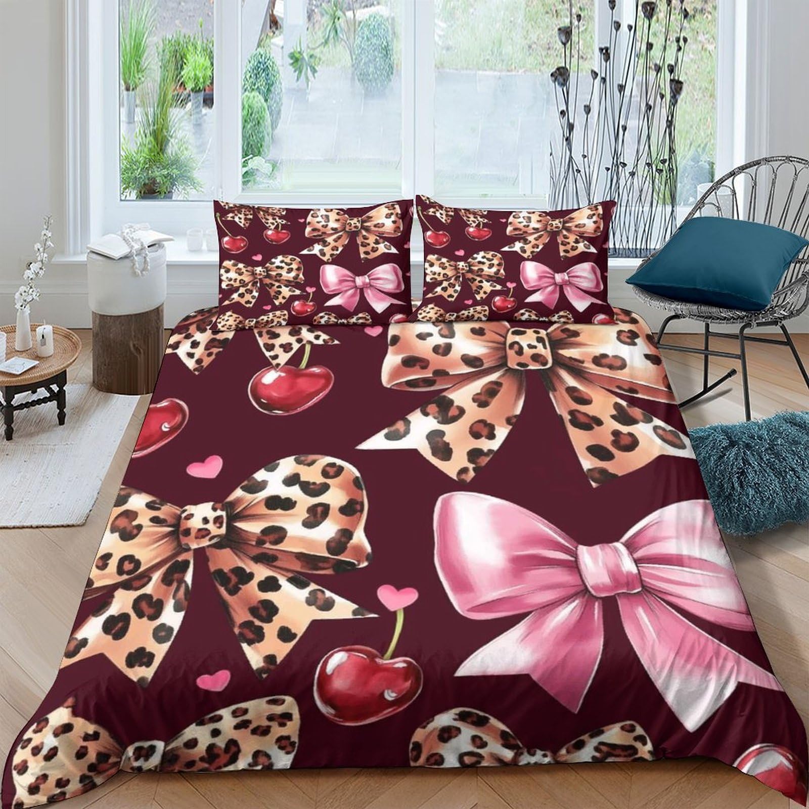 Ctjqhvkz Style-1 3D Printed Leopard Bow Fitted Sheet Microfiber Soft Cherry Pattern Bed Cover For Bedroom Dorm Mattress Decor Single（135X200cm）