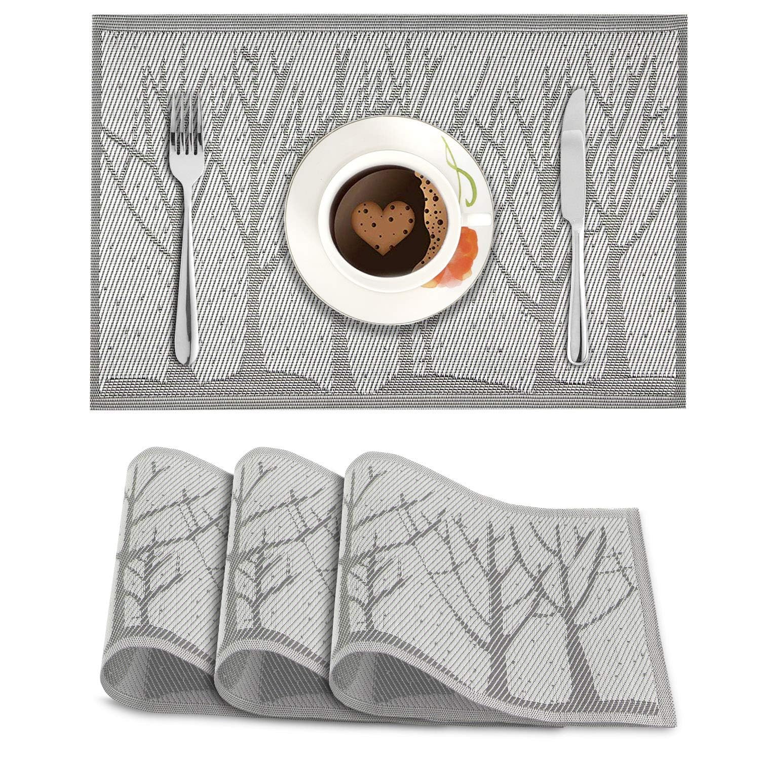 Dining Table Mats Set of 4 Placemats Table Mat PVC Material Non-Slip Heat Resistant Dining Table Place Mats Washable Anti-Skid Mat (4, Grey Tree)