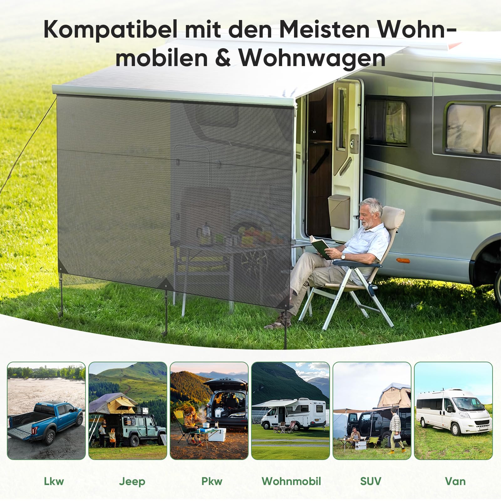 Sonnenschutz für Wohnmobil 2 x 3,3 m, Winddurchlässige und Sonnenschutz Markisenvorderwand 3 Keder mit Ø 4, 6 und 10 mm, Doppellagiges Netzgewebe Sun Blocker Wohnmobil Vorderwand