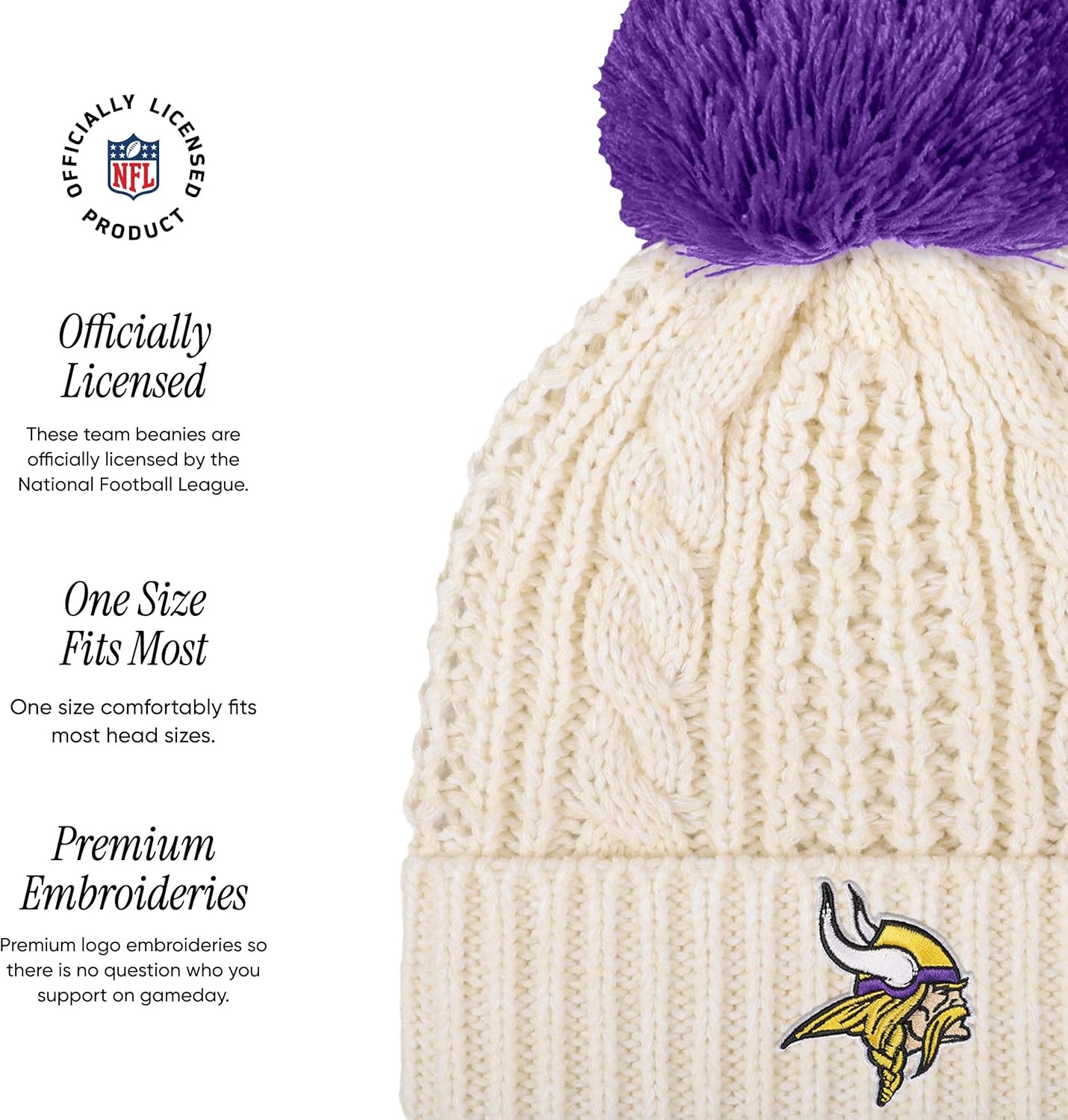 FOCO NFL unisex-adult Nfl Team Logo Adult Stretch Gloves With White Pom Cable Winter Knit Hat Beanie Set - Image 2