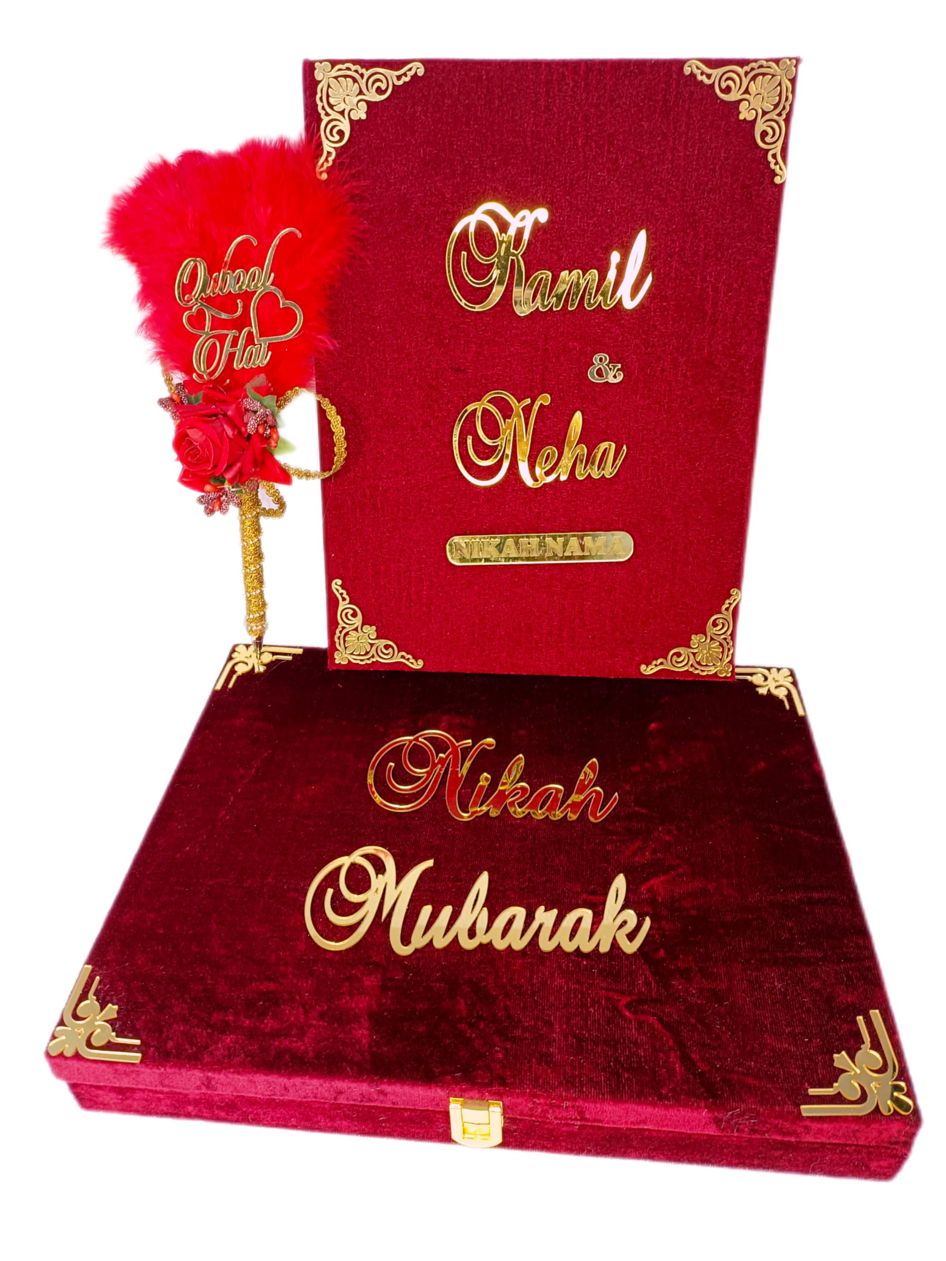 SOB FASHION CUSTOMISED COMBO OF NIKAH NAMA BOOKLET BOX (MAROON) WITH NIKAH NAMA BOOKLET AND QUBOOL HAI PEN, THUMB IMPRESSION WEDDING GIFT FOR BRIDE AND GROOM MAROON COLOUR THEME COMBO-picture-39