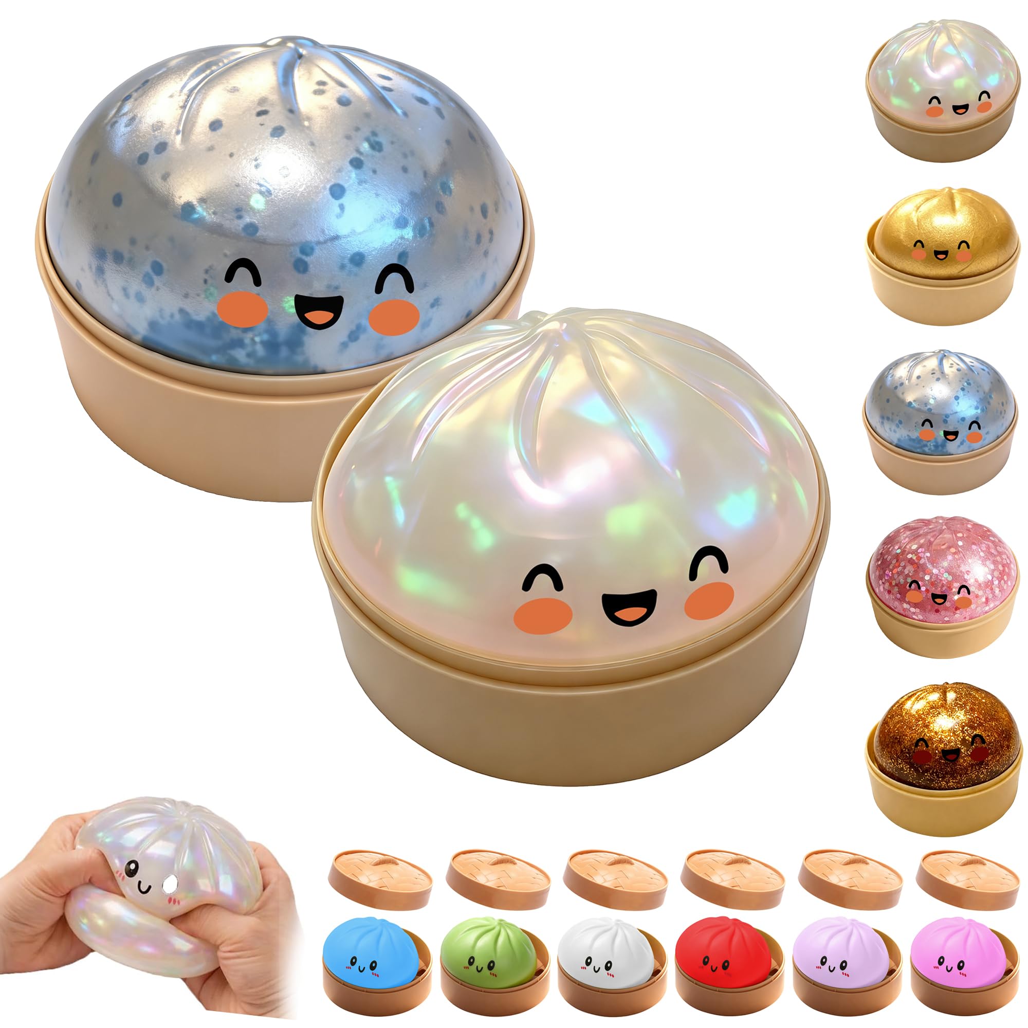 OKESYO Dumpling Squishy, 2Pcs Giant Squishy Dumpling Toy with Steamer Box, Mystery Rainbow Dumplings