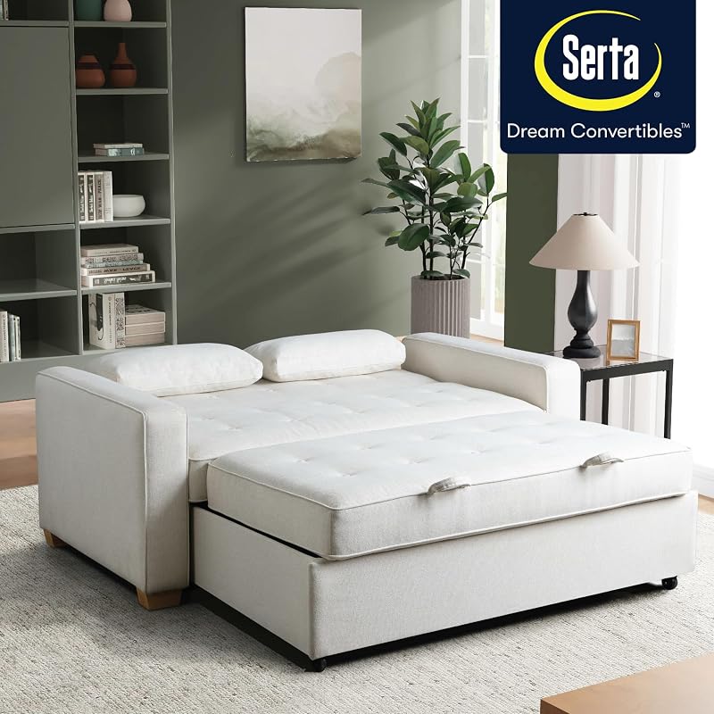 Serta Ainsley 66.5" Convertible Sleeper Loveseat, Full Size, Dreamcoil Comfort, Soft Woven Fabric, Oyster image 5