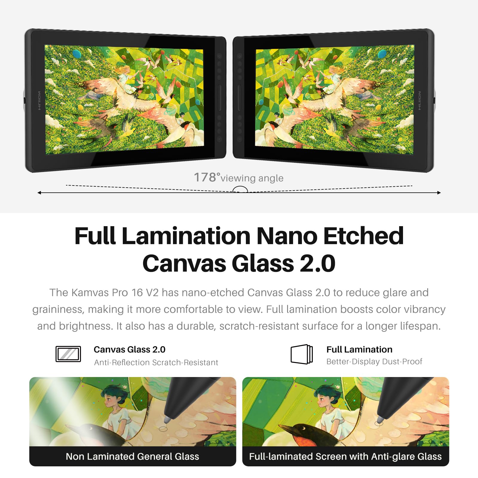 HUION Kamvas Pro 16 V2 - Tablet grafico con schermo, 16384 livelli | 16384 livelli, penna senza batteria, banda touch, funzione di inclinazione, disegno, tablet grafico con display