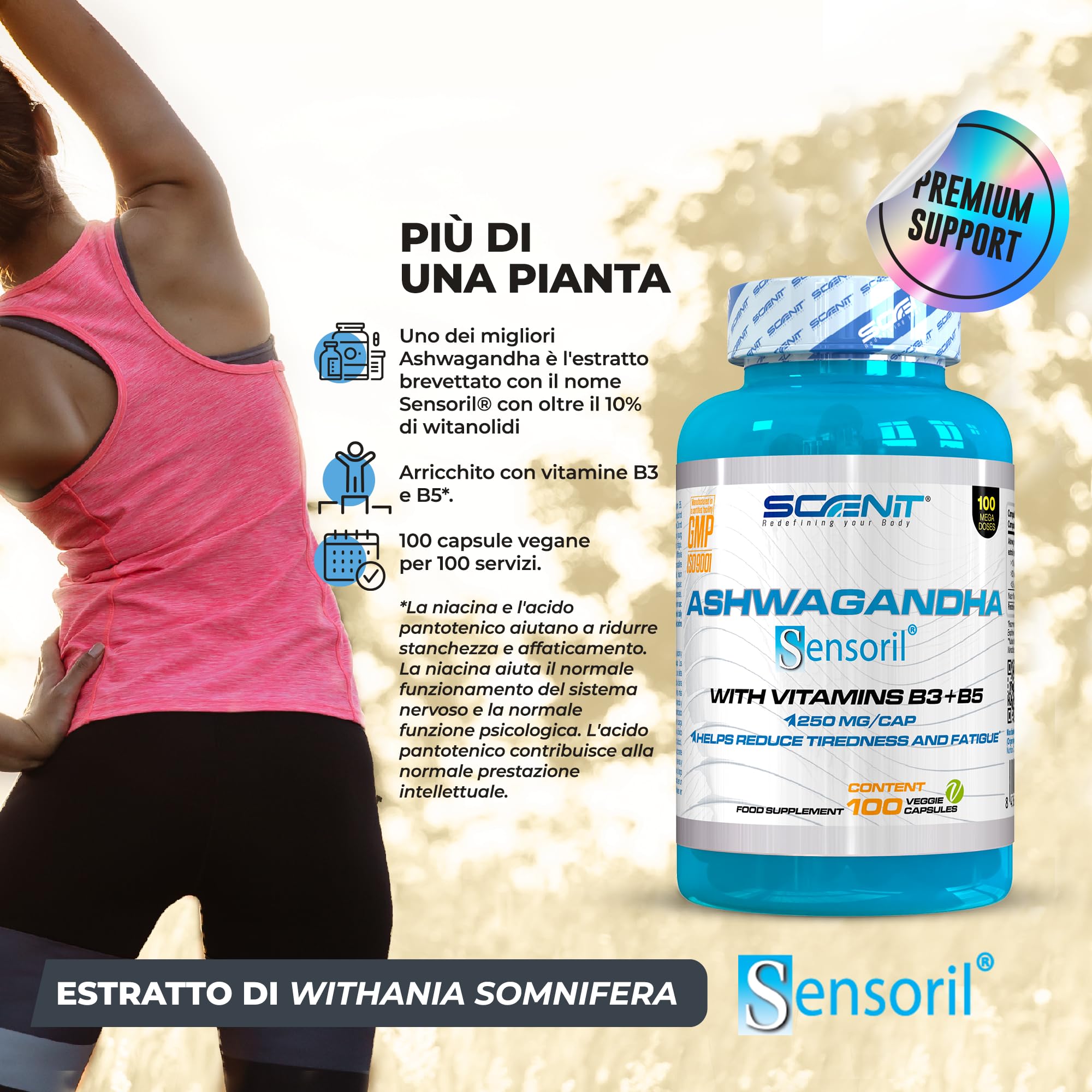 Ashwagandha capsule - Ashwagandha Sensoril con oltre il 10% senza anolidi, con Vitamina B3 e Vitamina B5-250 mg per capsula - 100 capsule vegane per 100 giorni