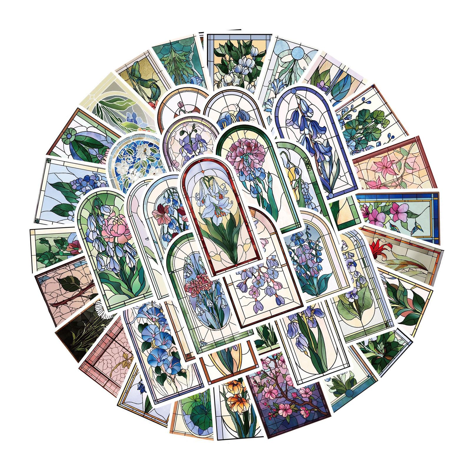 50Pcs Retro Flower Stained Glass Sticker Decorative Paper Sticker for Scrapbooking Journals Phone Case Album Decorations Journaling Pack