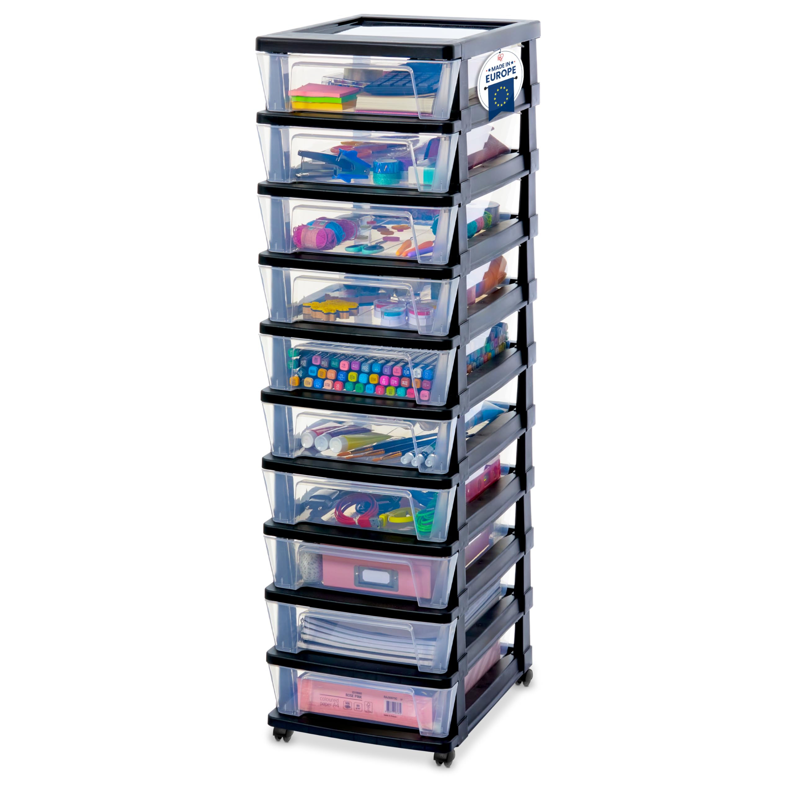 Iris Ohyama, Torre de Almacenamiento de Plástico con Ruedas, 10 Cajones Compactos, Negro, Fácil Apertura, Organizador para Oficina y Dormitorio, Sin BPA, KMC-010