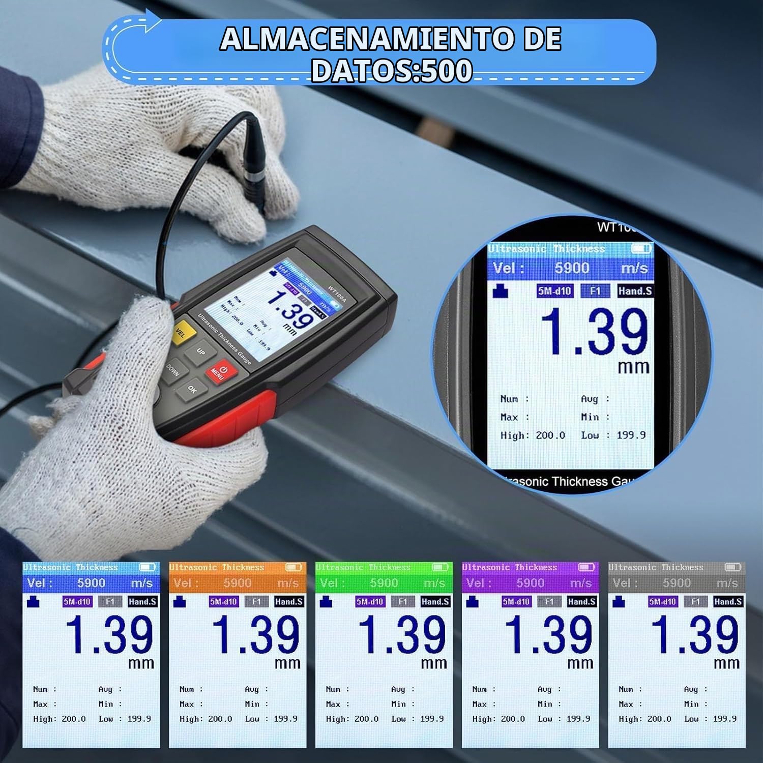 Medidor de Espesor Ultrasónico Digital, WT100A 1-225 mm Medidor Espesor Pintura Coche Portátil con 5 MHz Sonda, Thickness Gauge Ultrasónico Recubrimiento, para Metal Plástico Vidrio Cerámica Tuberías
