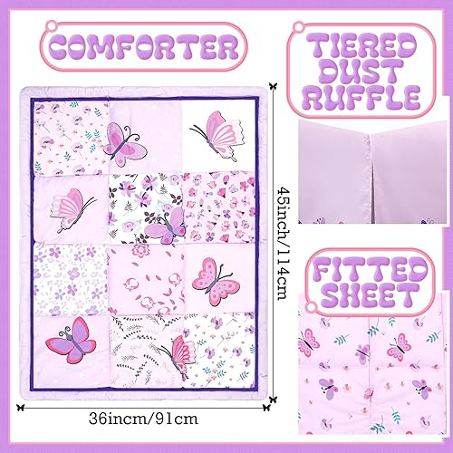 Miniatura 2 de Tudomro Juego de ropa de cama de 3 piezas con diseño de mariposa para cuna, tamaño estándar, con edredón, sábana bajera y falda para cuna (color