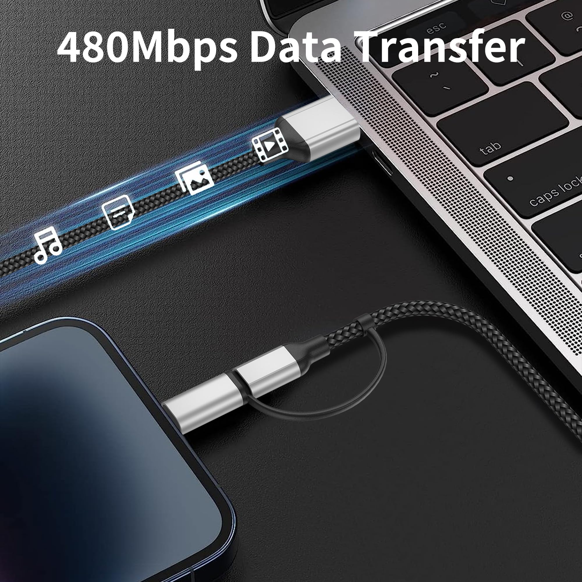 Kabel USB C 1,5 m, 2 w 1, kabel do szybkiego ładowania, USB A na USB typu C i kabel Lightning do ładowania iPhone'a, Samsung, Huawei, Xiaomi, OnePlus, Google, czarno-szary