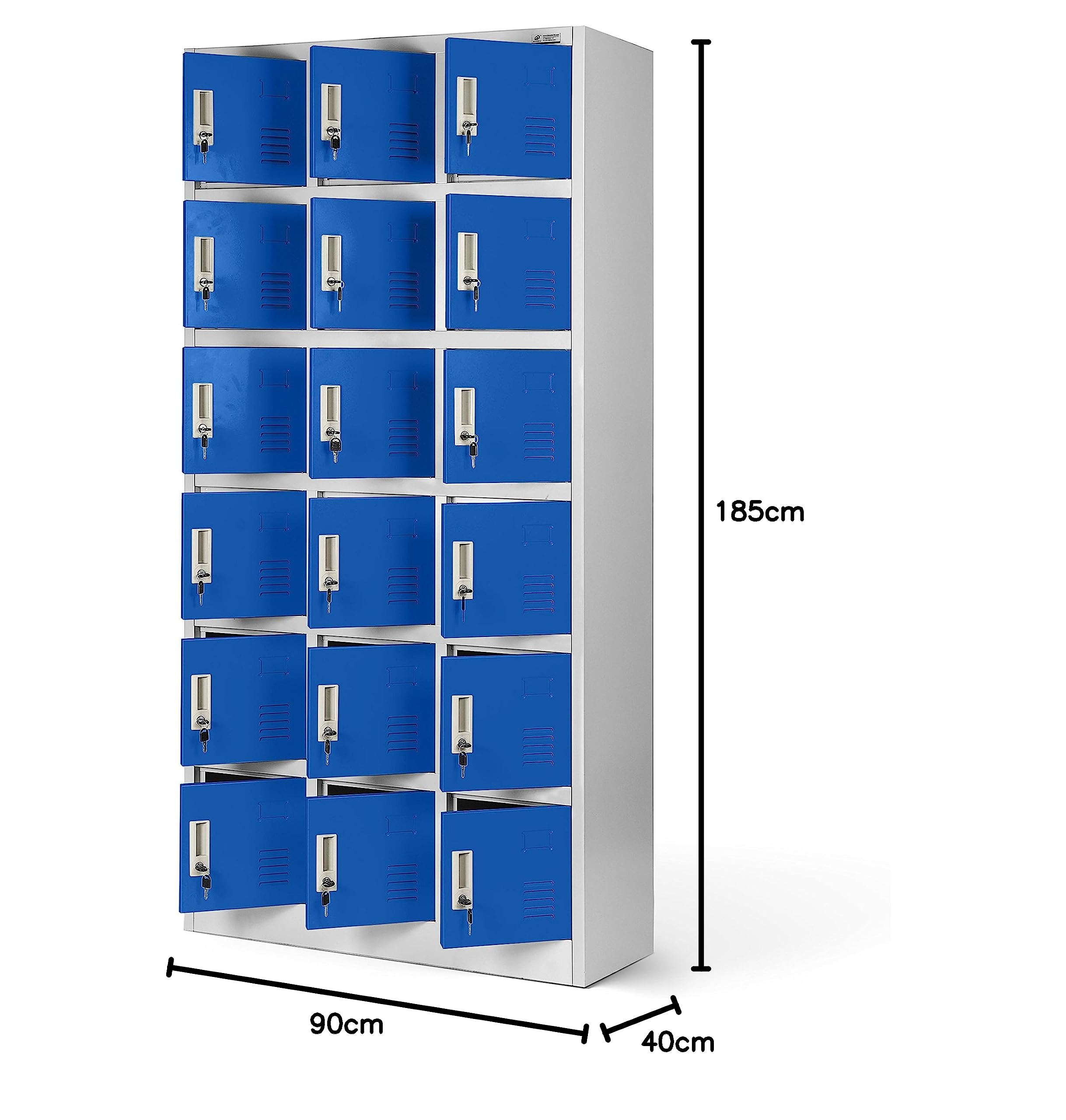 Jan Nowak Armadietto spogliatoio Armadio metallico con 18 Scomparti Fessure di ventilazione Rivestimento in polvere 185 cm x 90 cm x 40 cm (Grigio-Blu)