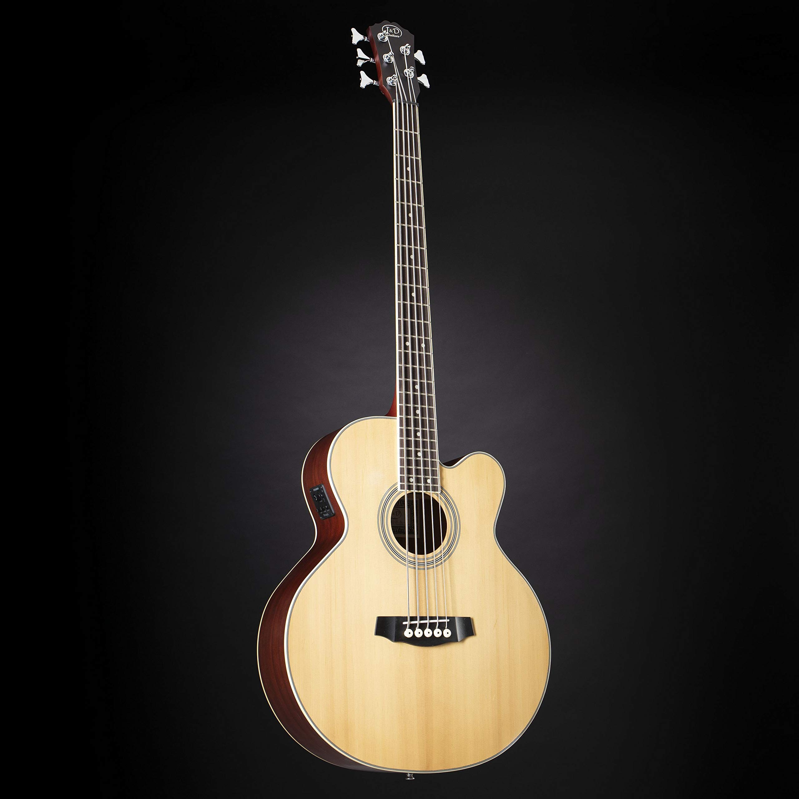 5-Saiter Akustikbass Jumbo Natural, Fichtendecke, Mahagoni-Korpus, Ahornhals, Tonabnehmer, 34" Longscale, Cutaway, Matt-Finish, Integriertes Stimmgerät