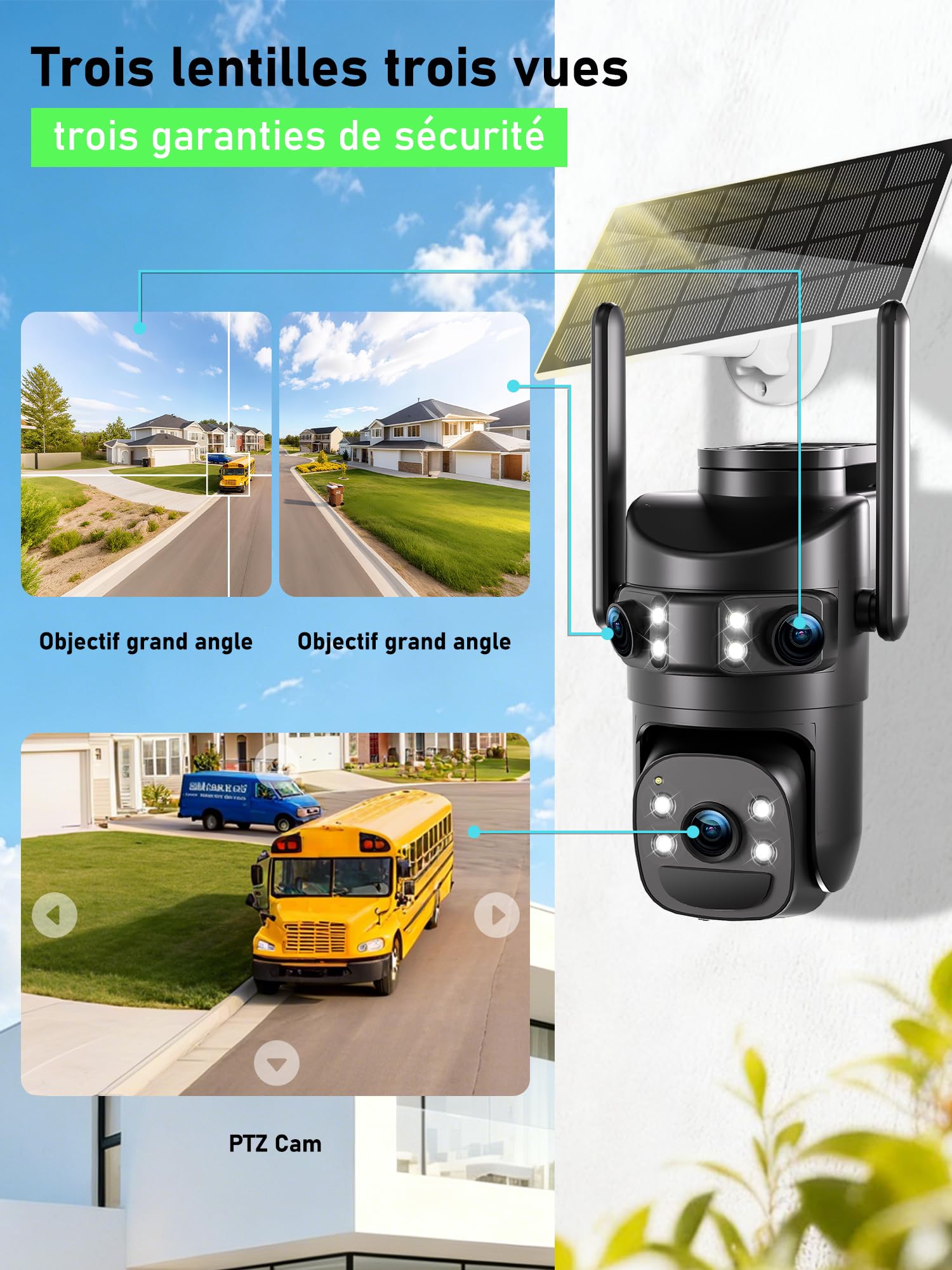 4K Camera Vigilancia WiFi Exterior Inalámbrico, Triple Objetivo/Cámara Solar/Batería, 360° PTZ Seguridad en el hogar, Visión Vocturne 30M, Alarma, Audio bidireccional, Seguimiento automático,2PCS