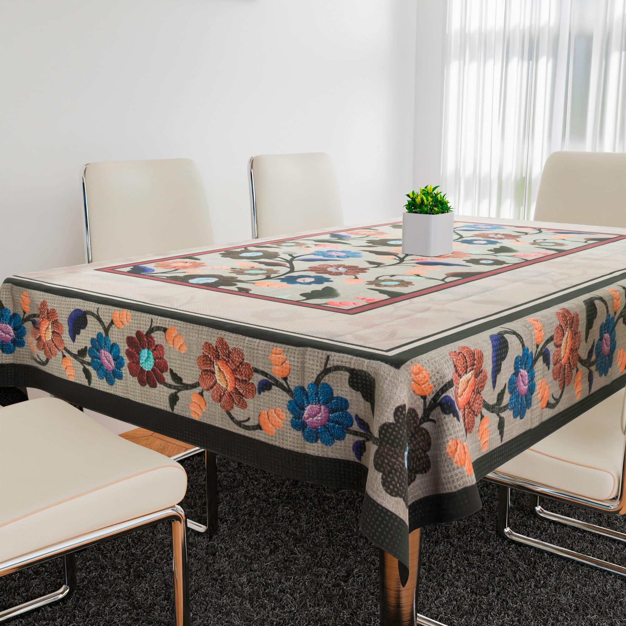 Kuber Industries Rectangular Dining Table Cover | Tabletop Cover | Table Buffet Cover | Table Linen Cover | 6-Seater Table Cloth | Table Cloth Cover | Brown New Painting | DTC | 60X90 Inch | Cream 2