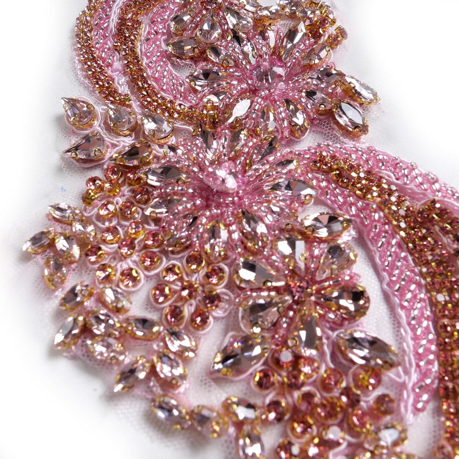 Hand-Made Beaded Rhinestons DIY Clothing Appliques Patch,Beaded Applique for Wedding Dress Decoration,Rose Gold/Pink/Silver/Red/Black Flower Applique by Pair (Pink)