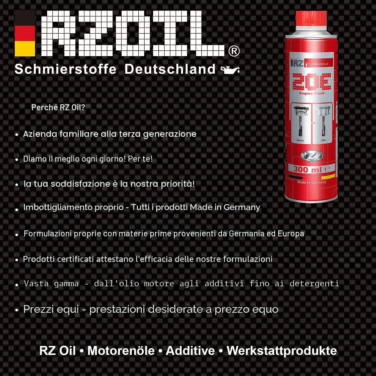 1 risciacquo motore RZ20E, detergente per motore, lavaggio dell'olio, detergente per sistemi dell'olio, additivo per olio, detergente per motore, motore e flacone da 300 ml