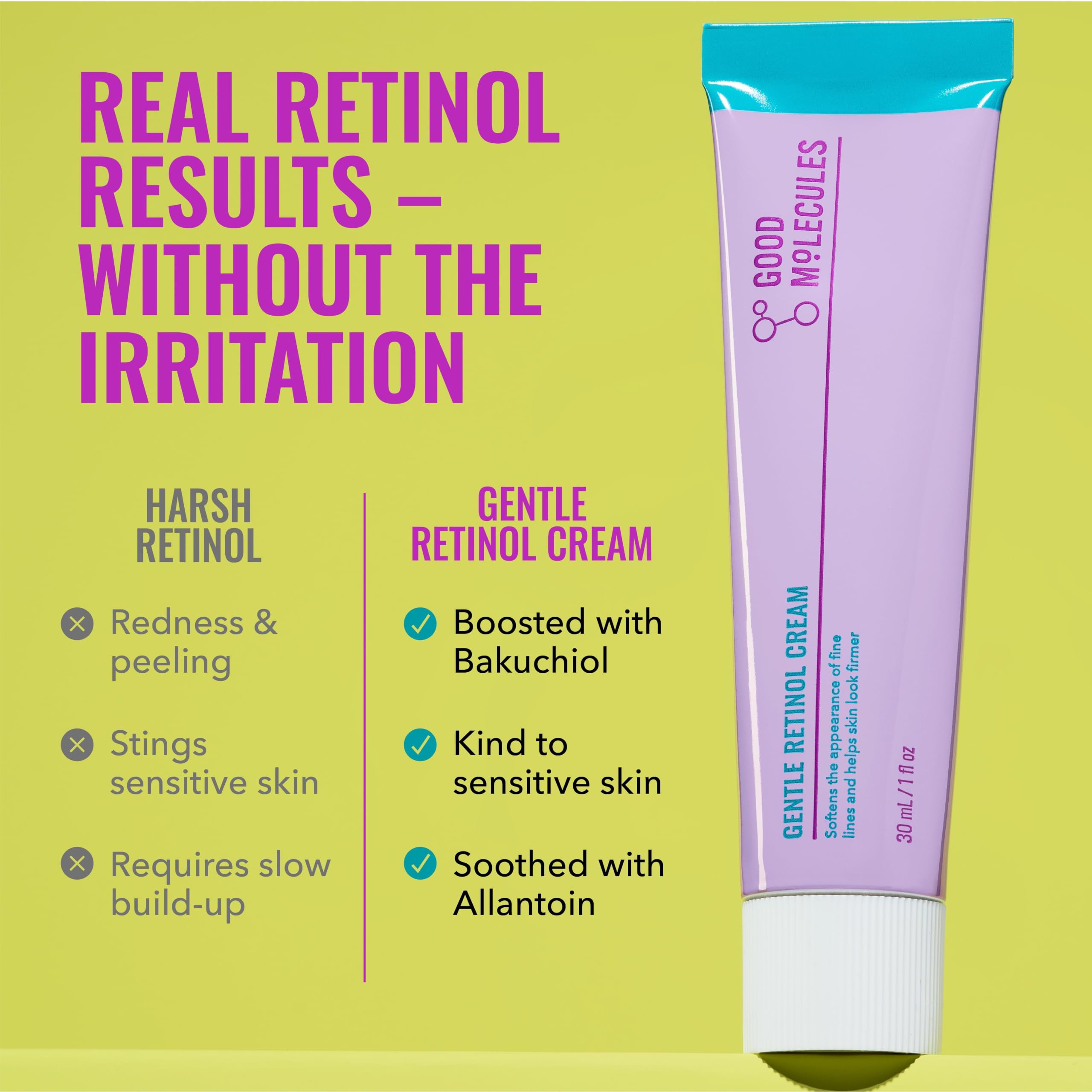 Good Molecules Crème douce au rétinol - Crème de nuit au rétinol pour la production de collagène, recette raffermissante au bakuchiol, soin anti-âge pour le visage