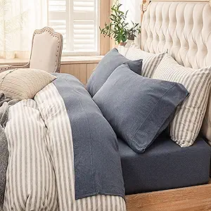 PURE ERA Jersey Knit 4pc Bed Sheet Set 100% T-Shirt Heather Cotton Super Soft Comfy Breathable Fits Mattress Up to 15" Extra Deep Pocket (Heather Navy Blue, Twin)