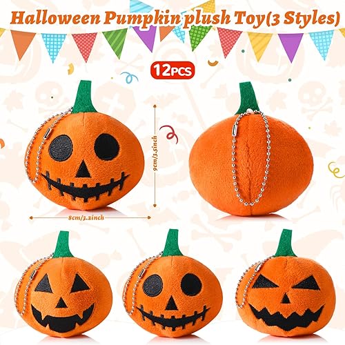 Miniatura 3 de 12 juguetes de peluche de calabaza de Halloween de 3.2 pulgadas, peluche de calabaza suave, adornos de Halloween con expresión de terror para