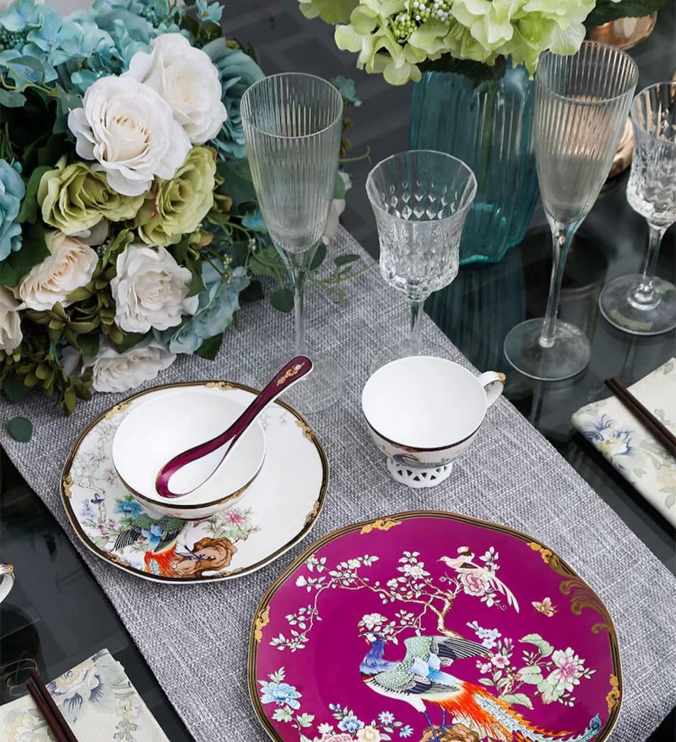 Bone China 11-częściowy delikatny okrągły zestaw zastawy kuchennej, talerze, naczynia, miski, serwis filiżanki do kawy dla 2 osób, fioletowy