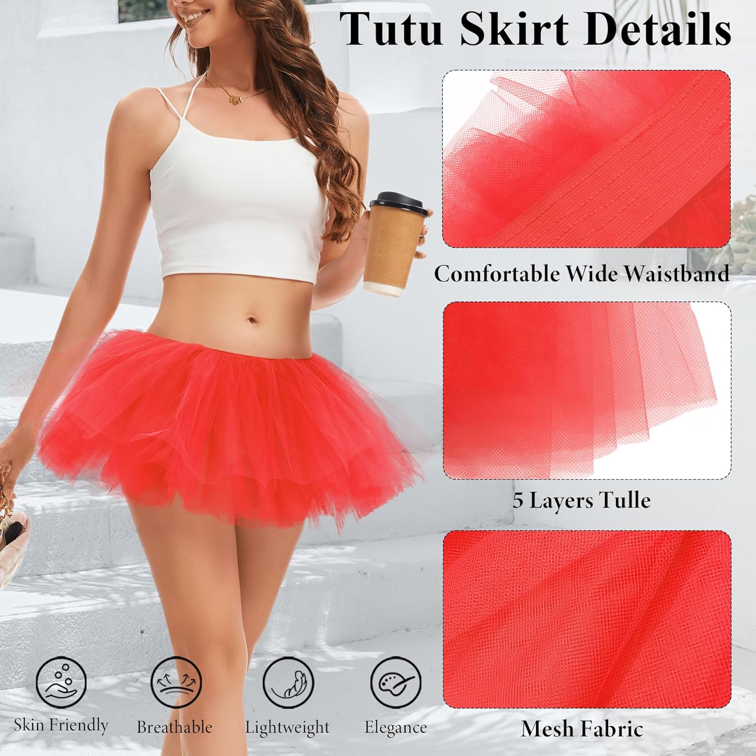 Tutu for Women Adults Tutu Skirts for Women 5 Layered Tulle Skirts Halloween 80s Tutus Costume - Image 6