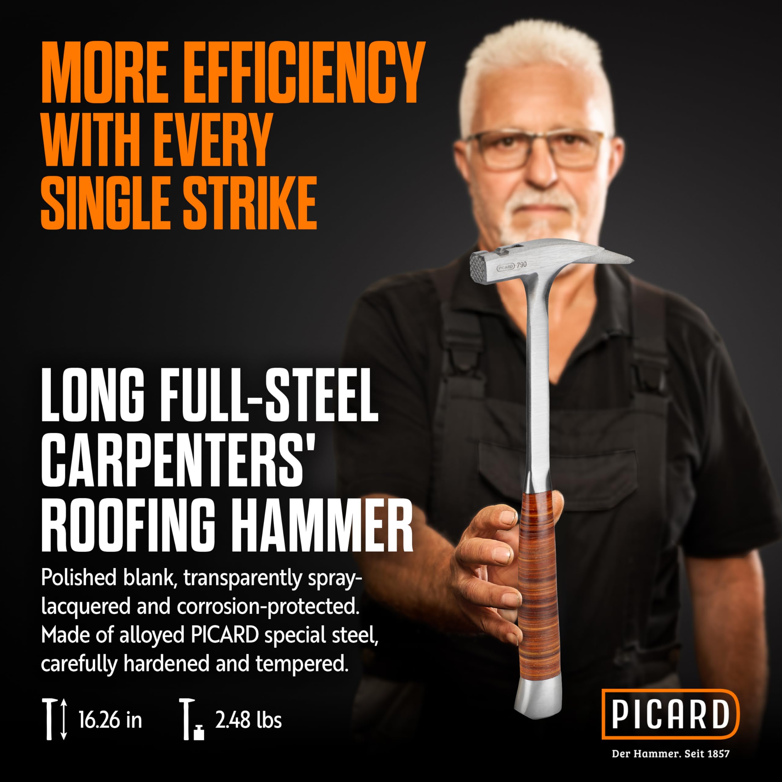 PICARD Martillo Largo de Acero Total | Martillo de Carpintero con Soporte Magnético para Clavos | Martillo con Mango de Acero Total y Mango de Cuero | Herramienta para Techadores, Carpinteros y