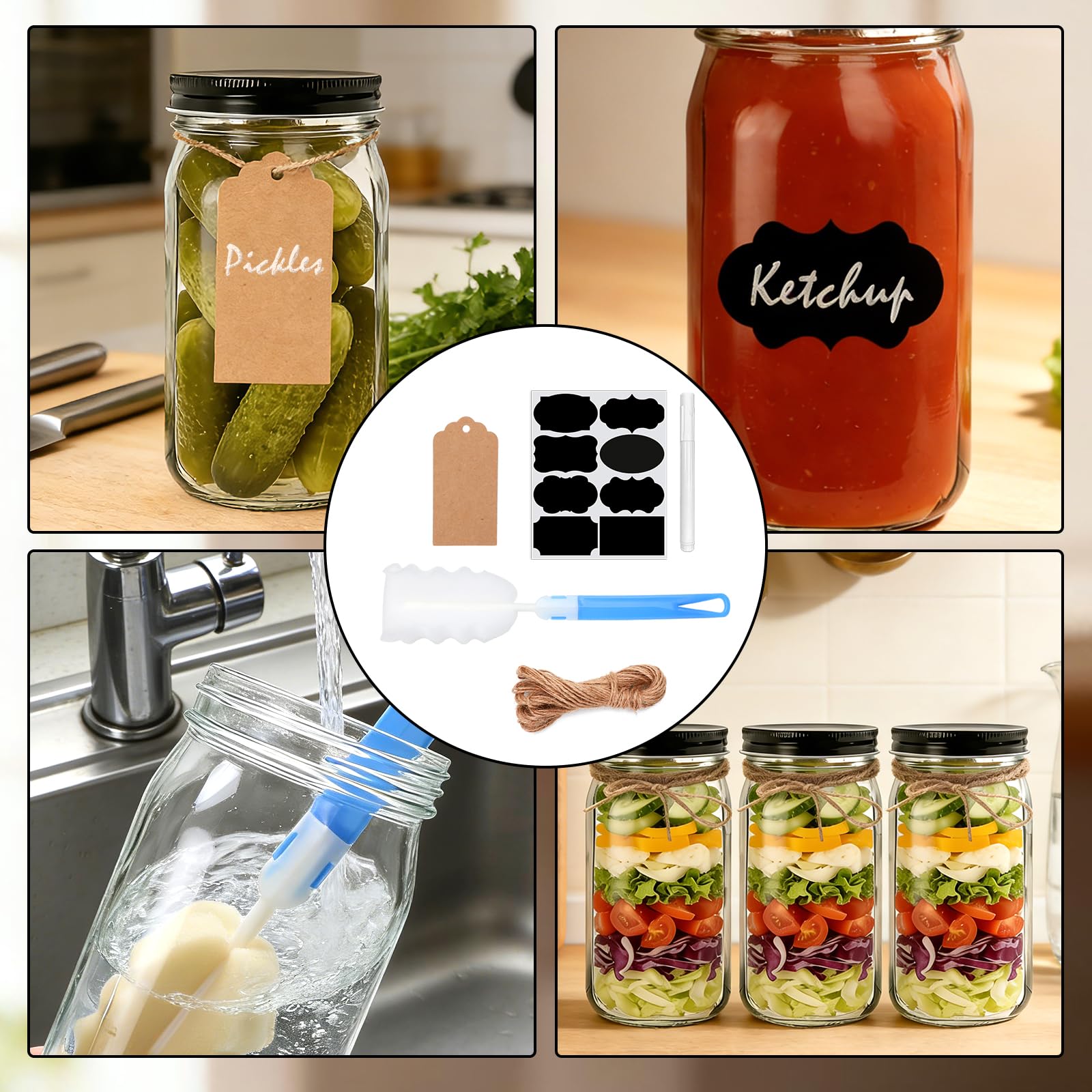 QAPPDA Juego de 12 tarros de vidrio de 32 onzas con tapas, boca ancha transparente de 1000 ml con tapa hermética, tarros de vidrio duraderos para almacenamiento de alimentos para encurtidos,