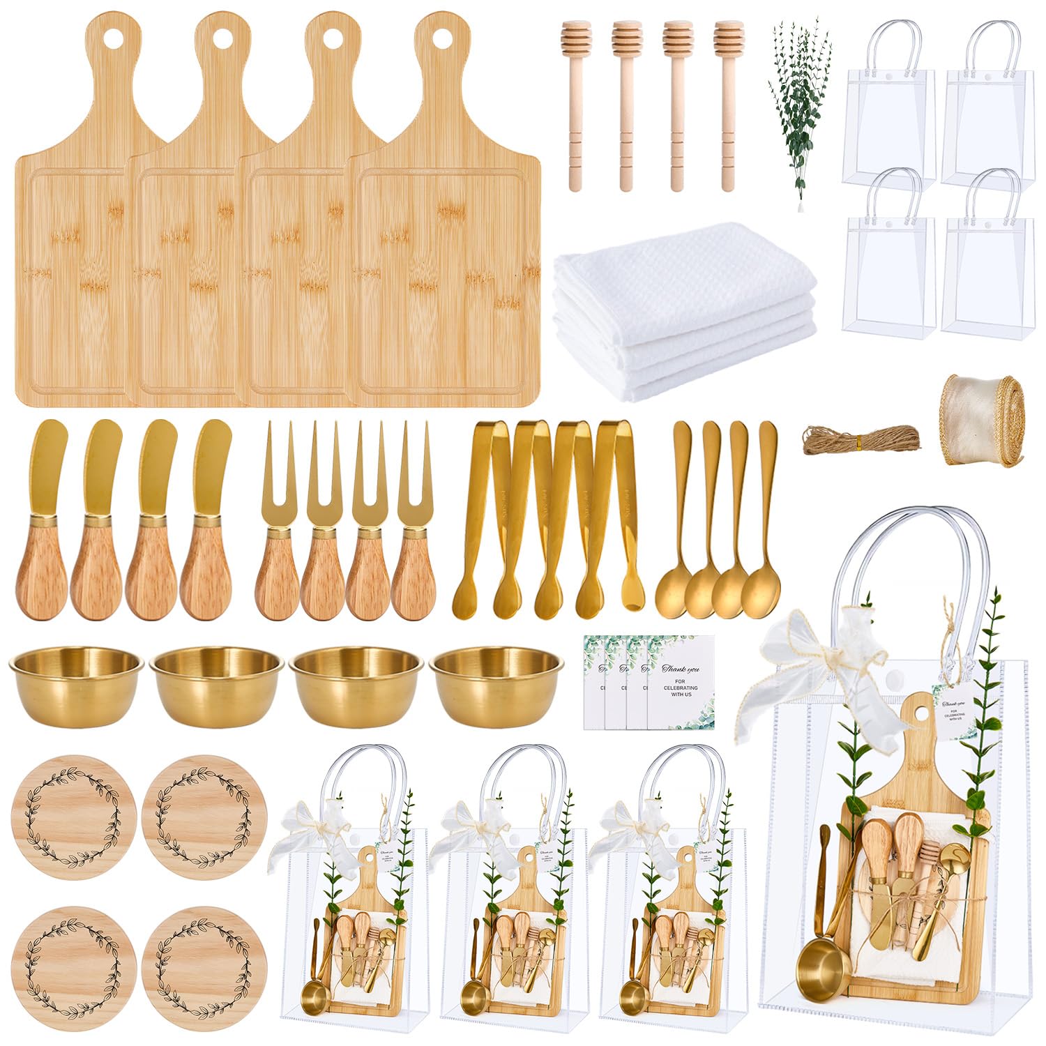 Juego de utensilios de acero inoxidable para los ganadores del juego para los ganadores del juego, tabla de queso, cuchara, cuchara, tarjeta de agradecimiento, bolsas de regalo para baby shower, boda