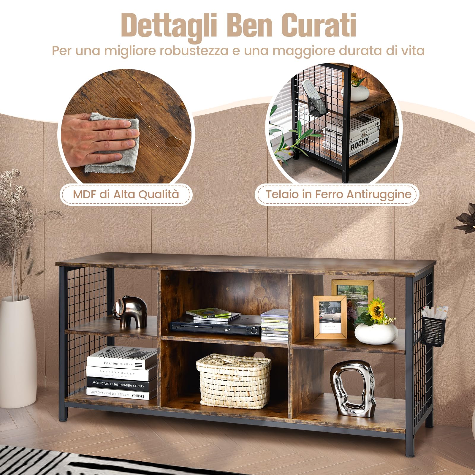 COSTWAY Mobile TV Industriale Fino a 65", Tavolo Multimediale a 3 Ripiani con Cesto Portaoggetti, Mobile TV in Legno con 2 Fori per La Gestione dei Cavi, 140 x 40 x 63 cm