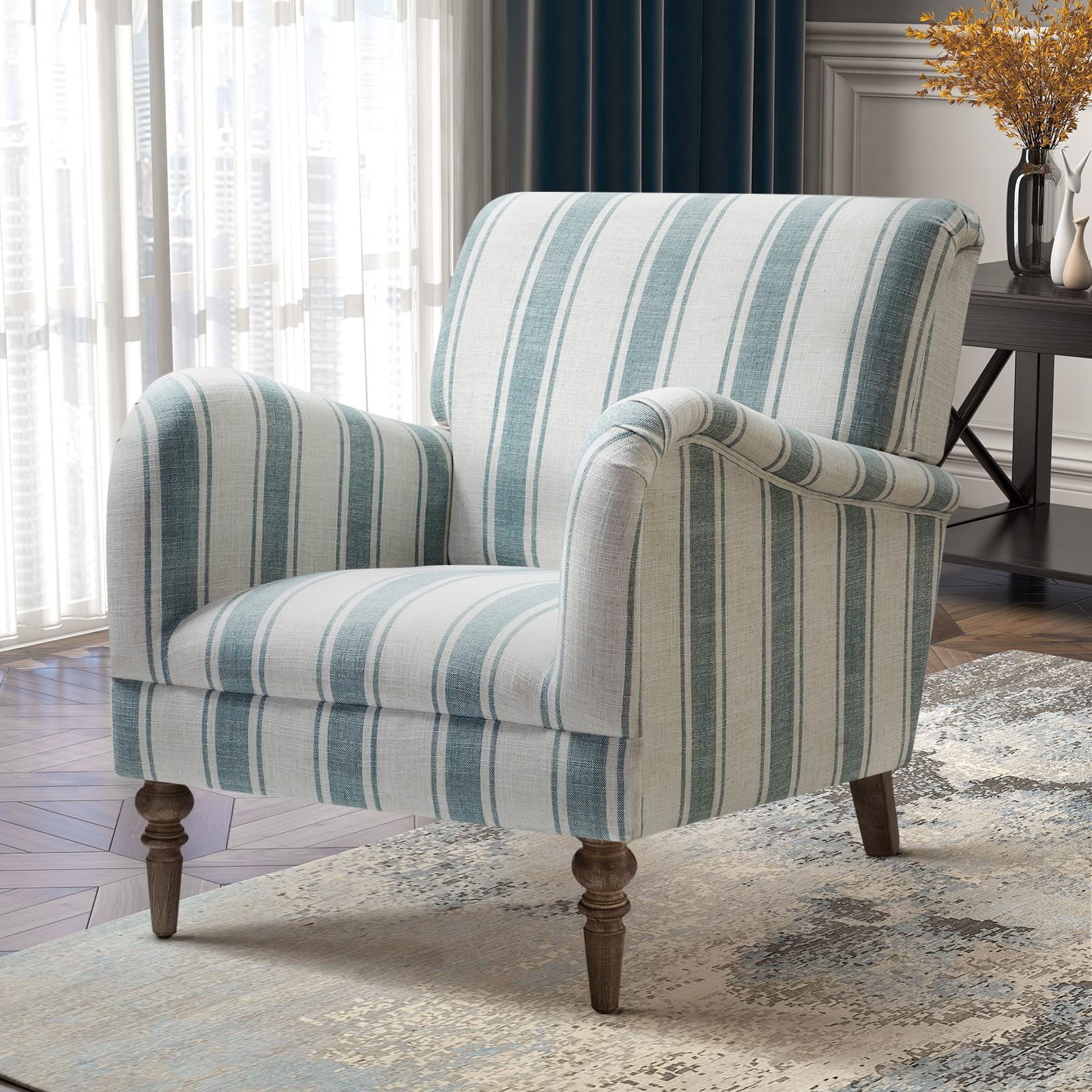 FABRICATION HAUS Living Room Upholstered Modern Armchair Accent Occasional Vanity Chair with Wooden Legs & Stripe Pattern for Lounge, Bedroom, Reading (1, BLUE)