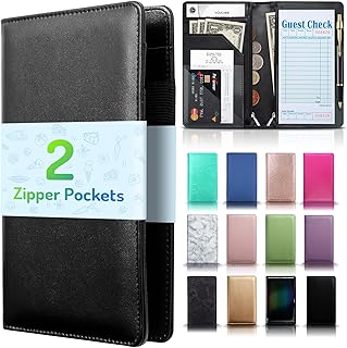 Server Book with 2 Zipper Pockets, Leather Server Books for Waitress, Waiter Book, Durable Waitress Book with Money Pocket and Zipper, Waiter Wallet Server Booklet Checkbook Fit Server Apron (Black)