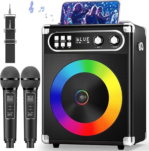 Máquina de karaoke para adultos y niños, altavoz Bluetooth portátil con 2 micrófonos inalámbricos, sistema PA con control de gravesECO, luces LED,