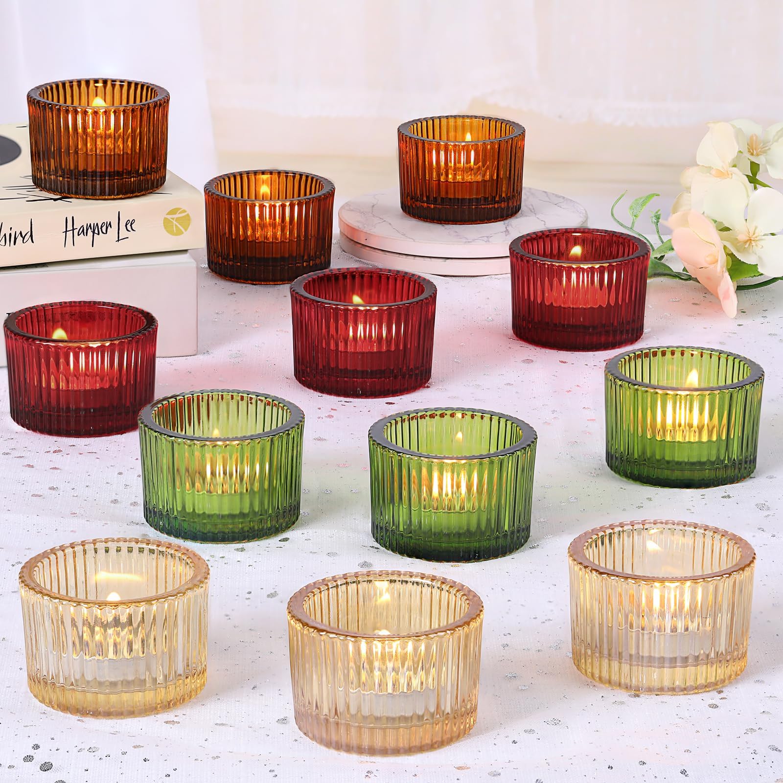 HAVITI 24 pcs Tealight Candle Holders, Multicolor Votive Tea Light Candle Holder Glass for Gold Centerpieces Fall Wedding Table Decor Home Decor